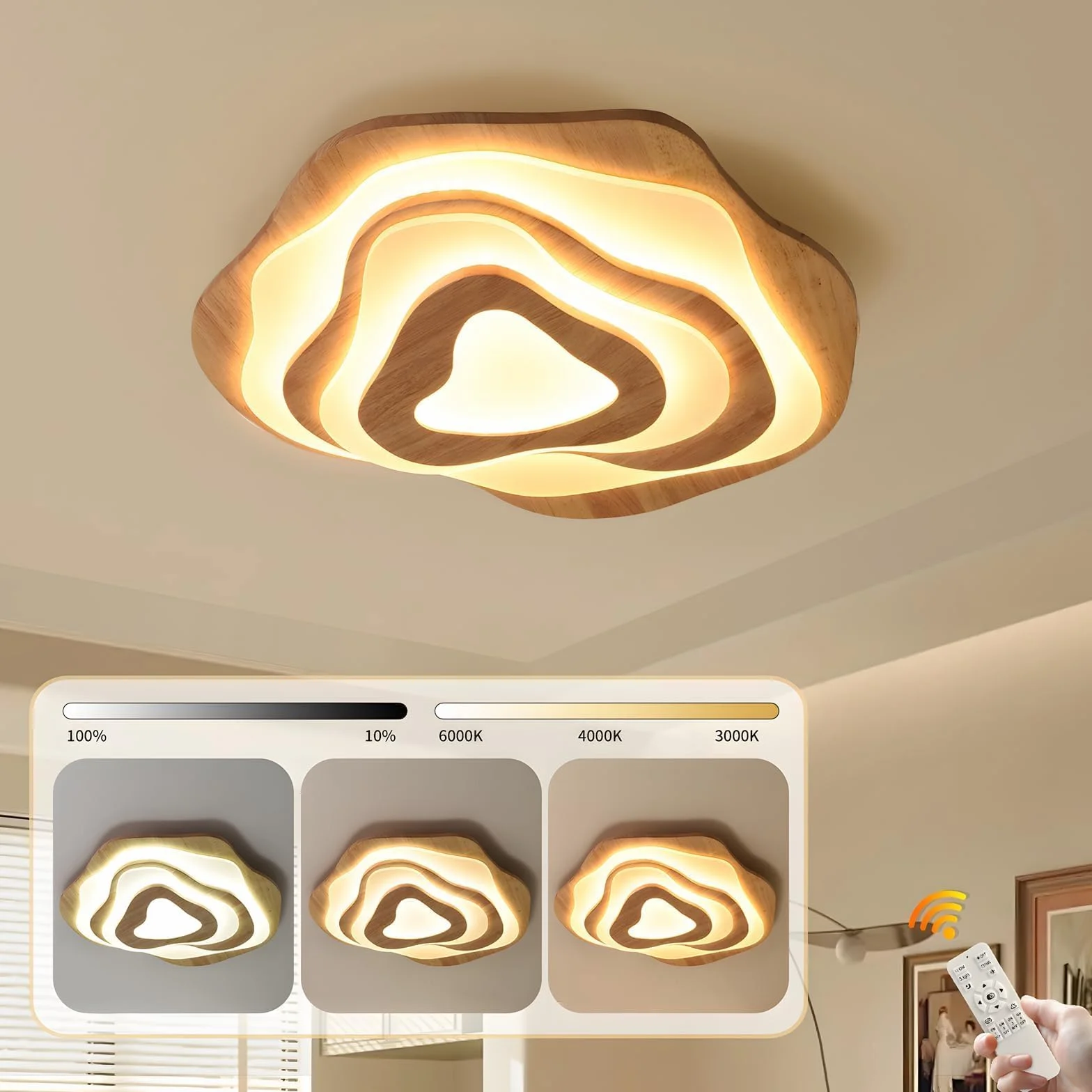 Plafoniera a LED in legno, 50 W = Ø 57 cm, 3500 lm, 3000 K-6000 K, dimmerabile, per camera da letto, soggiorno, paralume in acrilico a forma di cuore, moderna lampada da soffitto rotonda