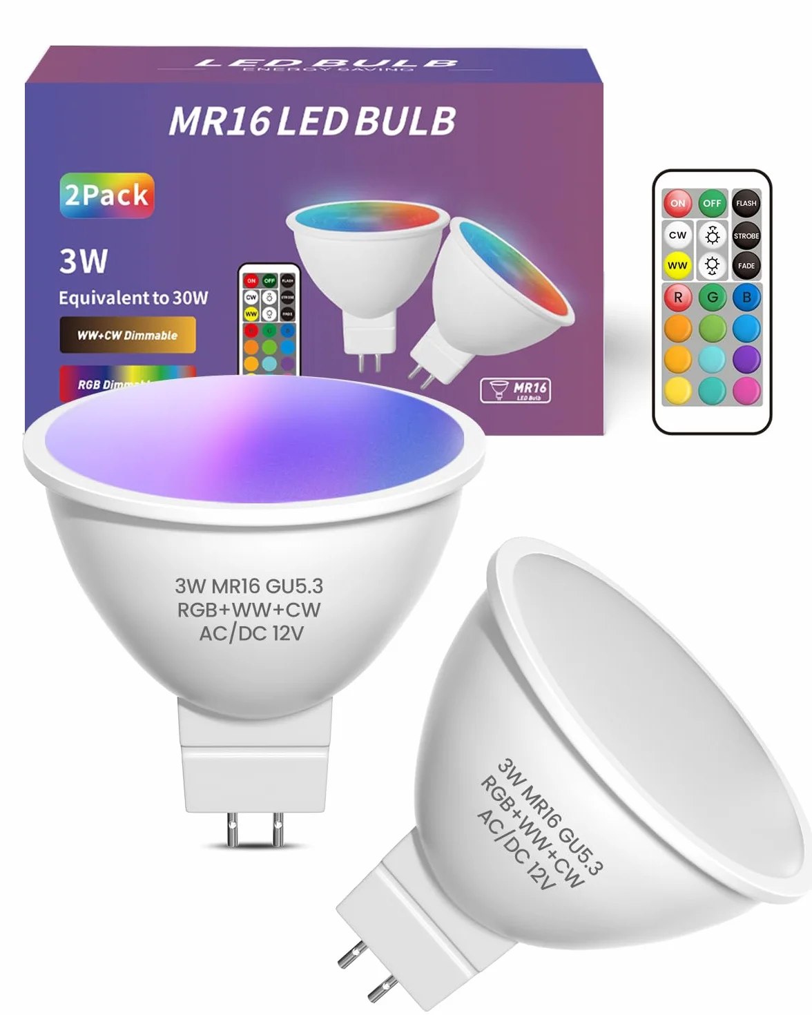 3W MR16 GU5.3 LED RGB Lampadine, 12V Dimmerabile MR16 LED Spot Light con telecomando, 12 colori + bianco caldo + freddo bianco scelte per la casa Deco confezione da 2