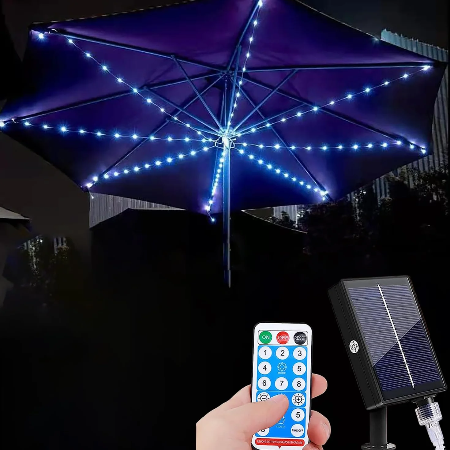 Luci a catena per ombrellone da patio, KINGCOO, luce per ombrellone impermeabile a energia solare con 104 LED, luci per palo da parasole, decorazione, 8 modalità, telecomando per ombrelloni da patio