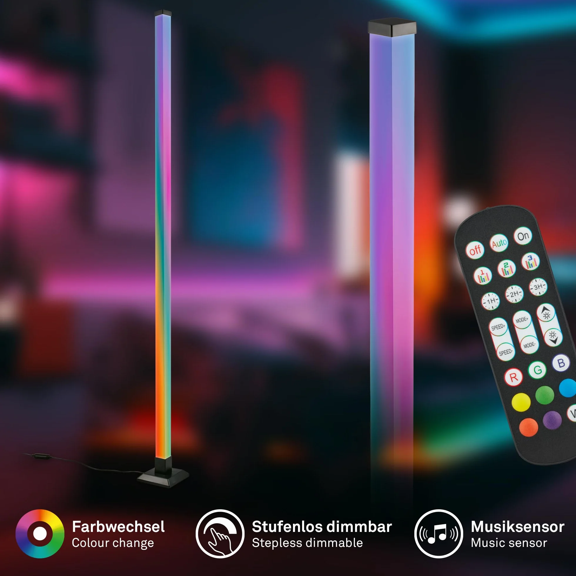 BRILONER - Lampada da terra LED con telecomando, dimmerabile, funzione musica, piantana lampada da terra, lampada da terra salotto, lampada soggiorno da terra, 150x12,5x12,5 cm, nero