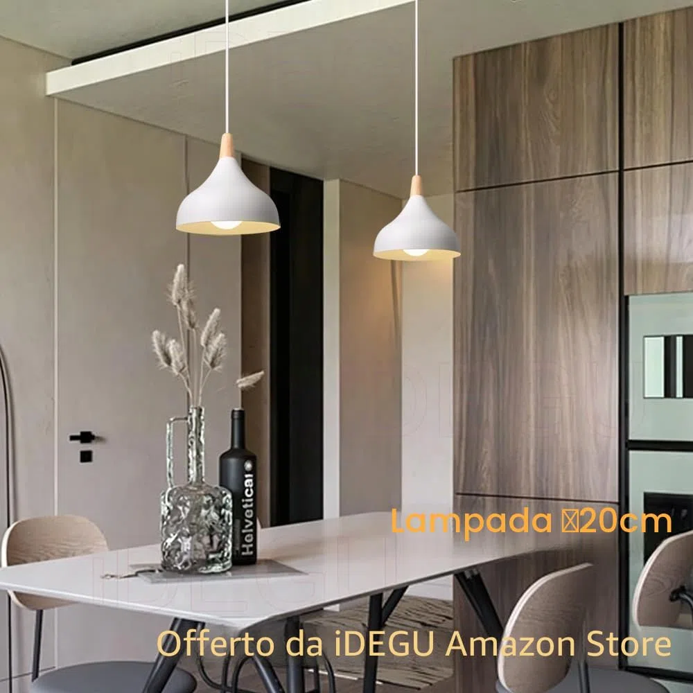 iDEGU 20CM Lampada a Sospensione Retrò LED Lampada a Soffitto in Legna Metallo Moderna Lampadario a Forma di Goccia Stile Scandinavo Plafoniera per Soggiorno Sala da Pranzo Cameretta (Bianco 1 Pezzo)