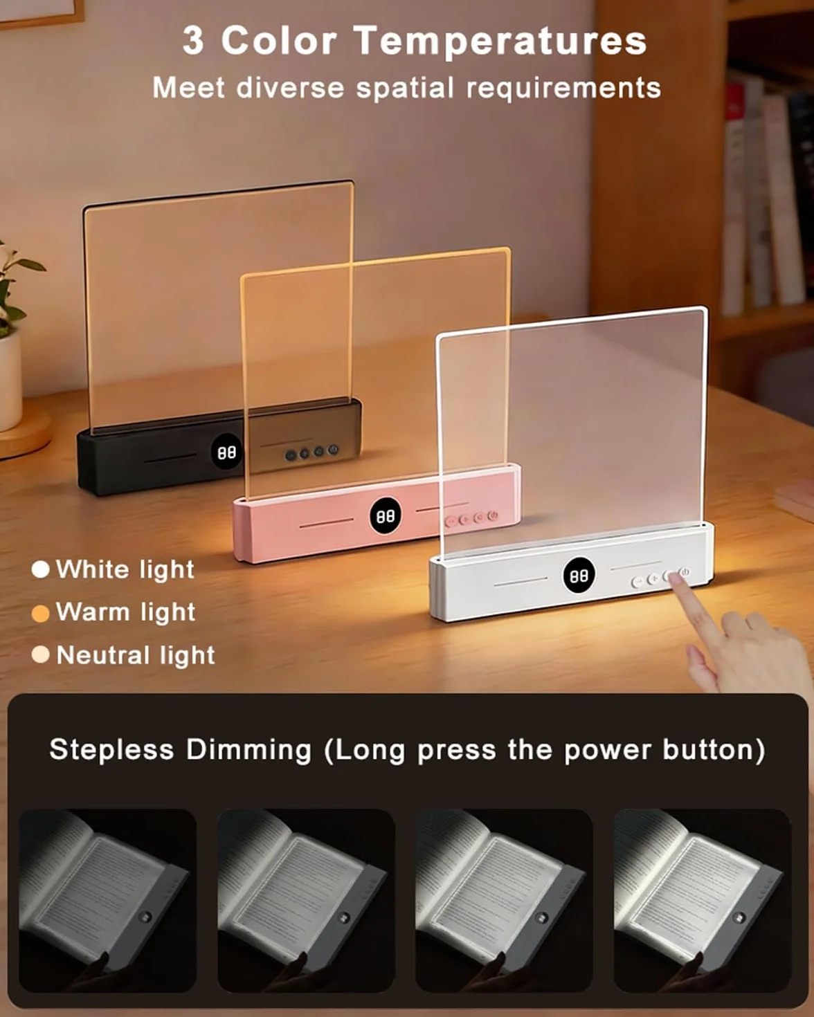 Lampada Libro Piatta, Luce Libro Lettura Notturna a LED Intelligente, Regolazione della Luminosità, Luce Piatta Ricaricabile con Timer a 3 Colori, per Camera, Scuola, 18,5 × 2,2 × 21,2 cm