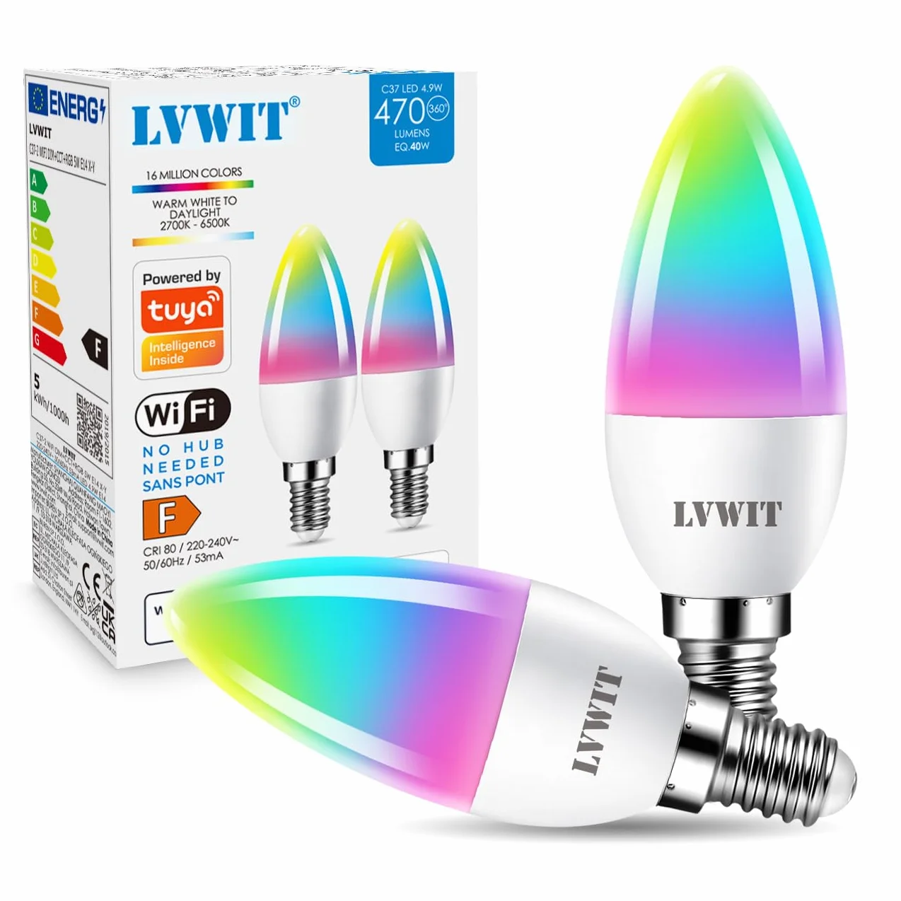 LVWIT Lampadine Alexa, Lampadina Smart E14 Wifi, 5W Equivalenti a 40W, 470Lm, Lampadine Smart con Telecomando Compatibile con Alexa, Echo and Google Assistant, RGB Intelligente Dimmerabile,2 Pcs