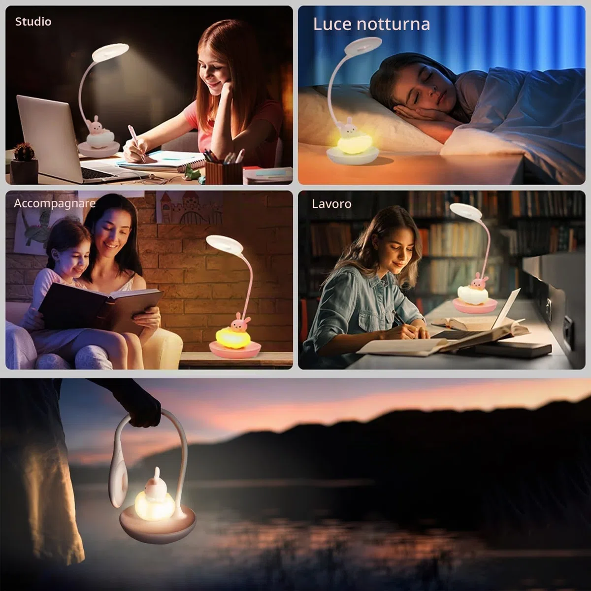 Lampada da Scrivania Bambina, Led Lampada da Tavolo 5 Luminosità 3 Modalità, Lampada Lettura Bambini Ricaricabile, Luce da Tavolo Bambini Senza Fili, Lampada da Scrivania Ragazza, Coniglio Rosa