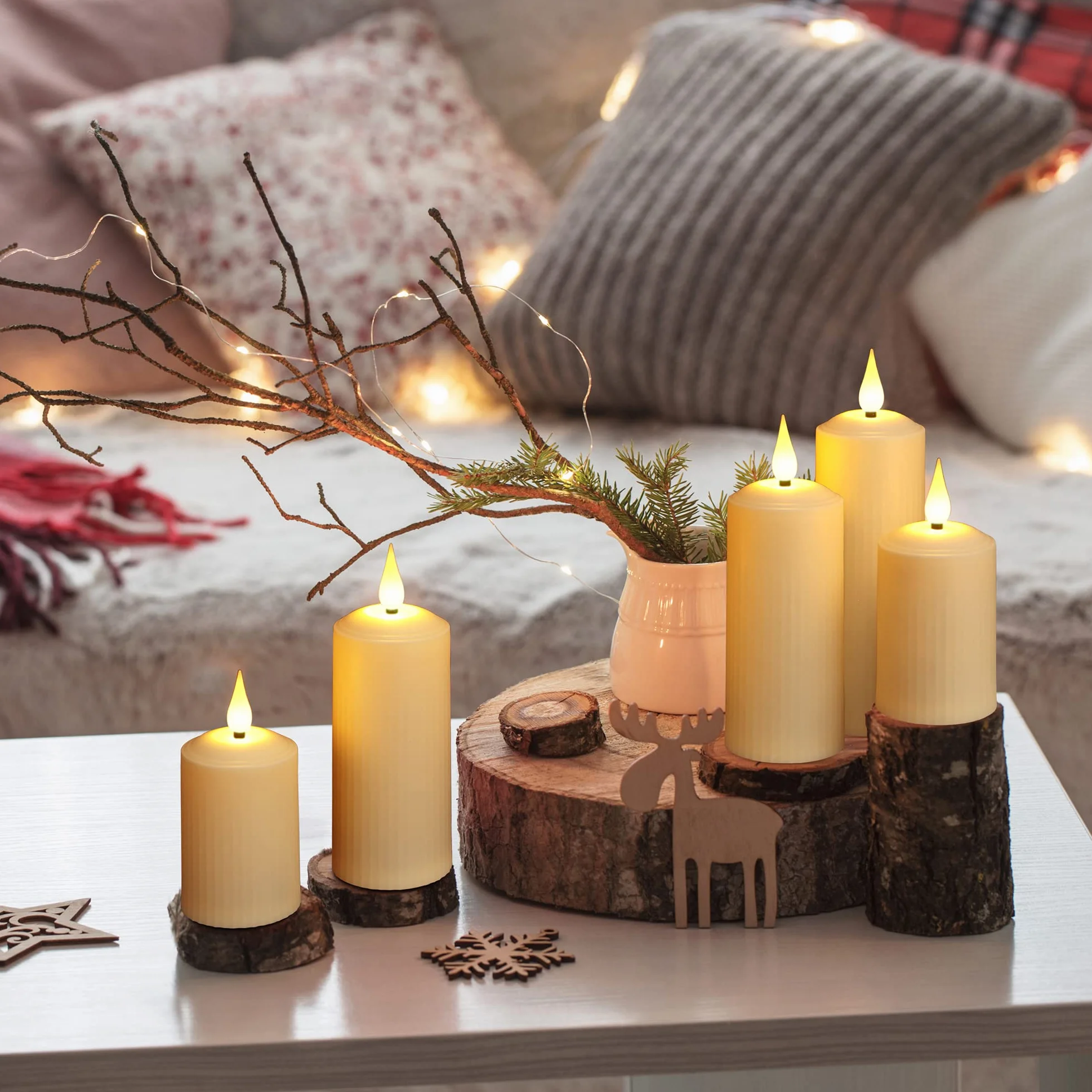 yunsheng Candele LED ricaricabili con telecomando a 10 pulsanti, candele impermeabili da esterno senza fiamma con timer 6/8H, set di 6 candele romane (5,1x10,5/14/16,5 cm), avorio, tipo-C
