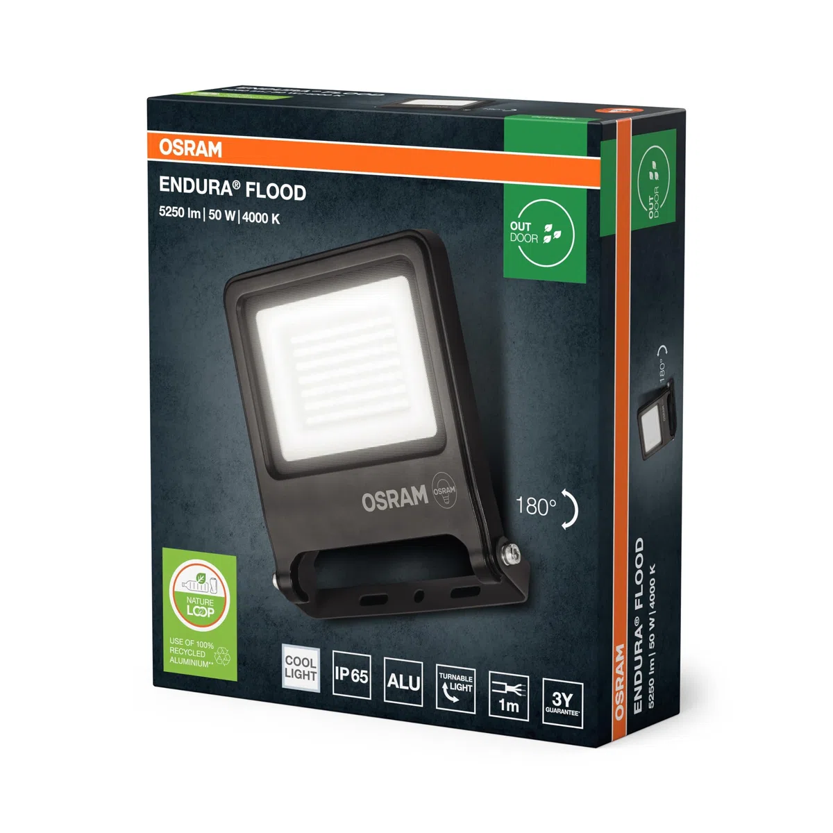 OSRAM Proiettore LED ENDURA FLOOD PC 50W, bianco freddo 4000K, 5000 lumen, proiettore IP65 per grandi aree, alluminio riciclato, efficienza 100 lm/W