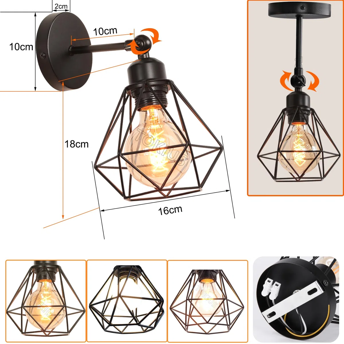 Lampada da Parete Interna Industriale Applique da parete Gabbia Interno E27 Metallo Lampadari e Plafoniere Cucina regolabile 180° Per Cucina Camera da letto (Nero, 2 pezzi)