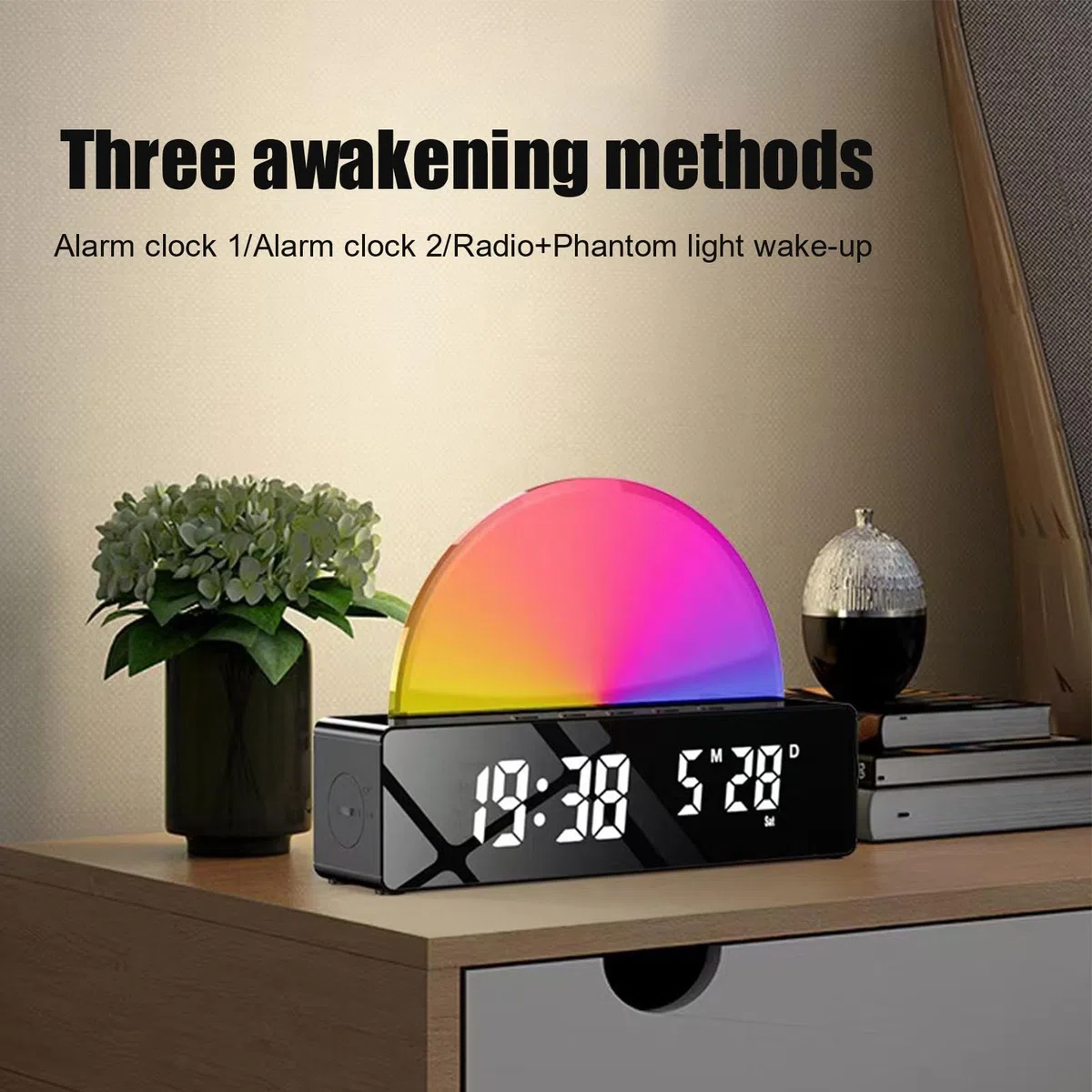 Generico Sveglia per bambini Alba, Sveglia con luce alba, Sveglia con luce e altoparlante, Sveglia intelligente, Sveglie per camere da letto, Display multicolore per chi ha il sonno pesante,