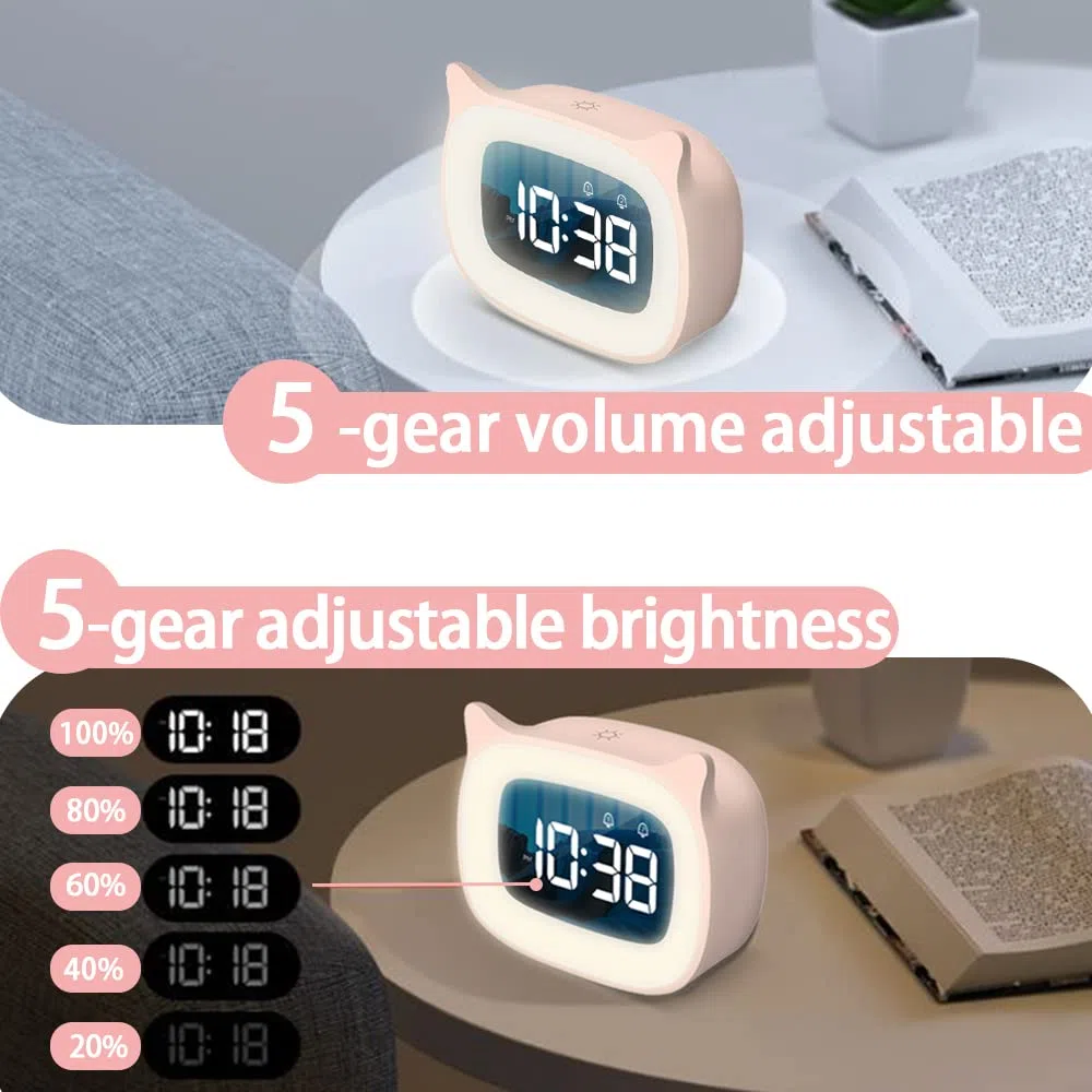 Sveglia Digitale Bambini, sveglia da comodino digitale 18 Musica allenamento del sonno per bambini Doppia Sveglia con Snooze LED Wake up Light Funzione di Ricarica, Rosa