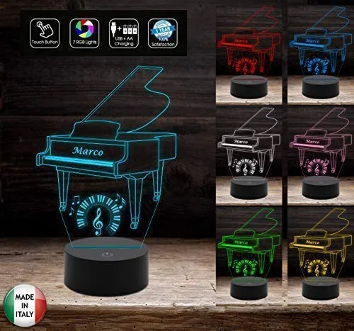 Generico Idea Regalo Musicista Piano Lampada LED Pianoforte Personalizzabile con Nome Musica - Acrilico e ABS - 7 Colori