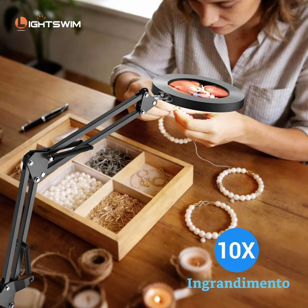 Lampada da scrivania con lente d'ingrandimento a LED 10X con morsetto, lente d'ingrandimento a mani libere con 72 LED, 3 modalità di colore, dimmerabile continuamente, include due lenti di