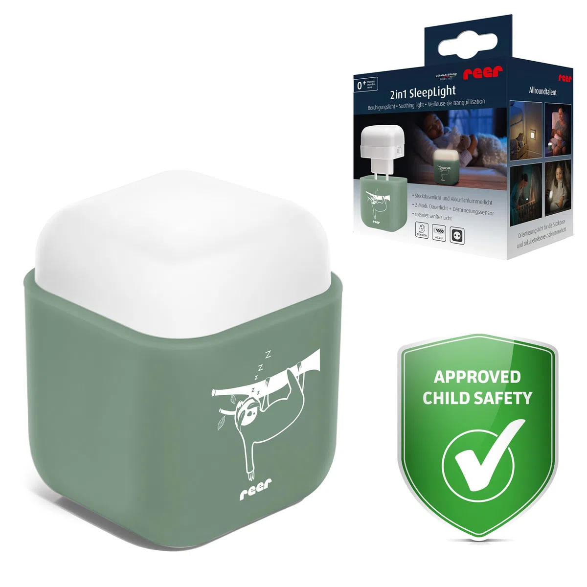 reer SleepLight 2 in 1, luce notturna per presa di corrente e con funzionamento a batteria, modalità on-off e sensore, luce d'atmosfera per bambini, eucalipto