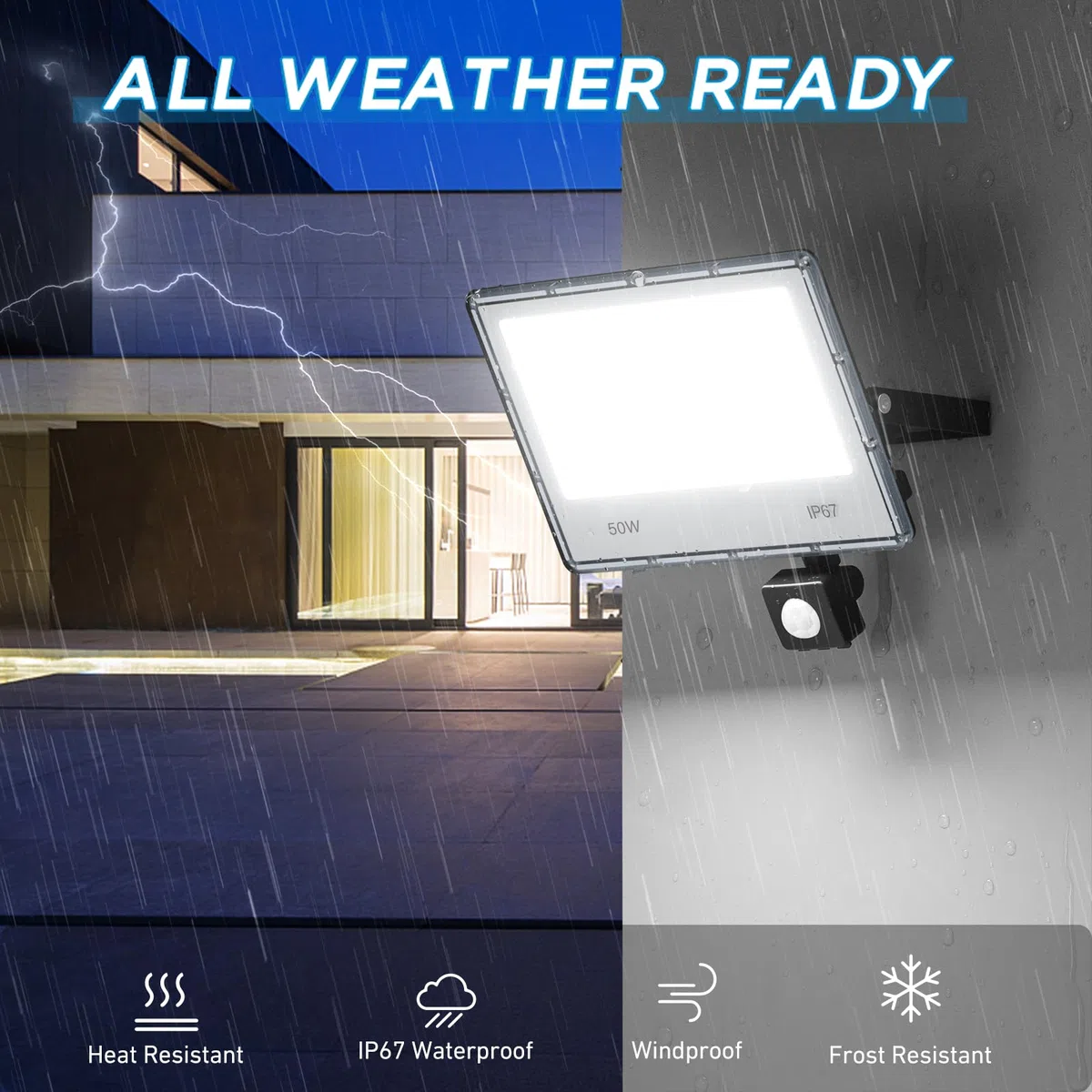 Faretto con Sensore di Movimento 50W, 5000LM 6500K Bianca Fredda Faro LED Esterno con Sensore Movimento, Impermeabile IP67 Luce LED Esterno per Giardino, Terrazza, Garage, Cortile