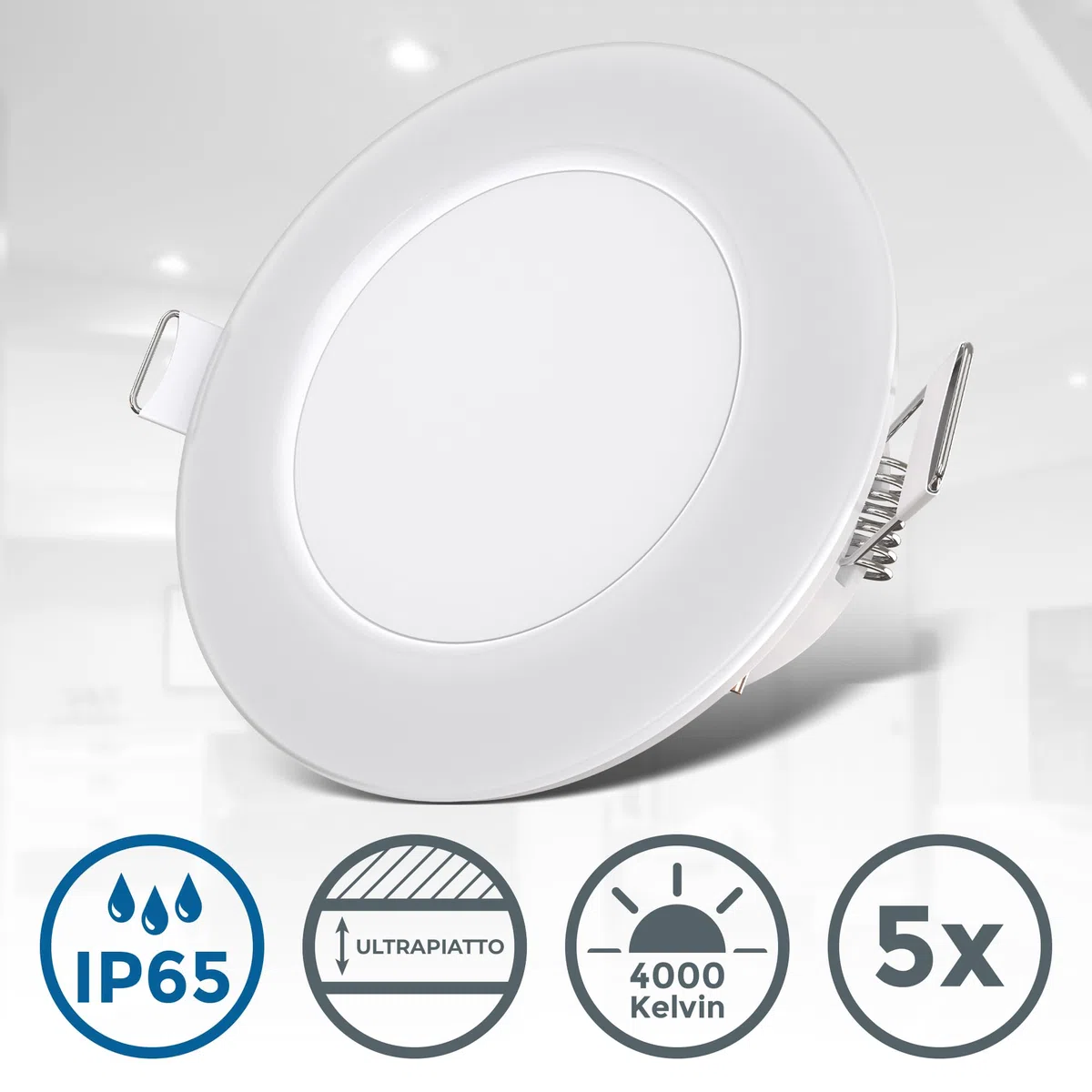 B.K.Licht - Set di 5 faretti LED da incasso bagno piatti, IP65, colore luce bianca neutra, dimensione del foro 68 mm, faretti LED, faretto da incasso, plafoniera bagno, 86 x 30 mm, bianco