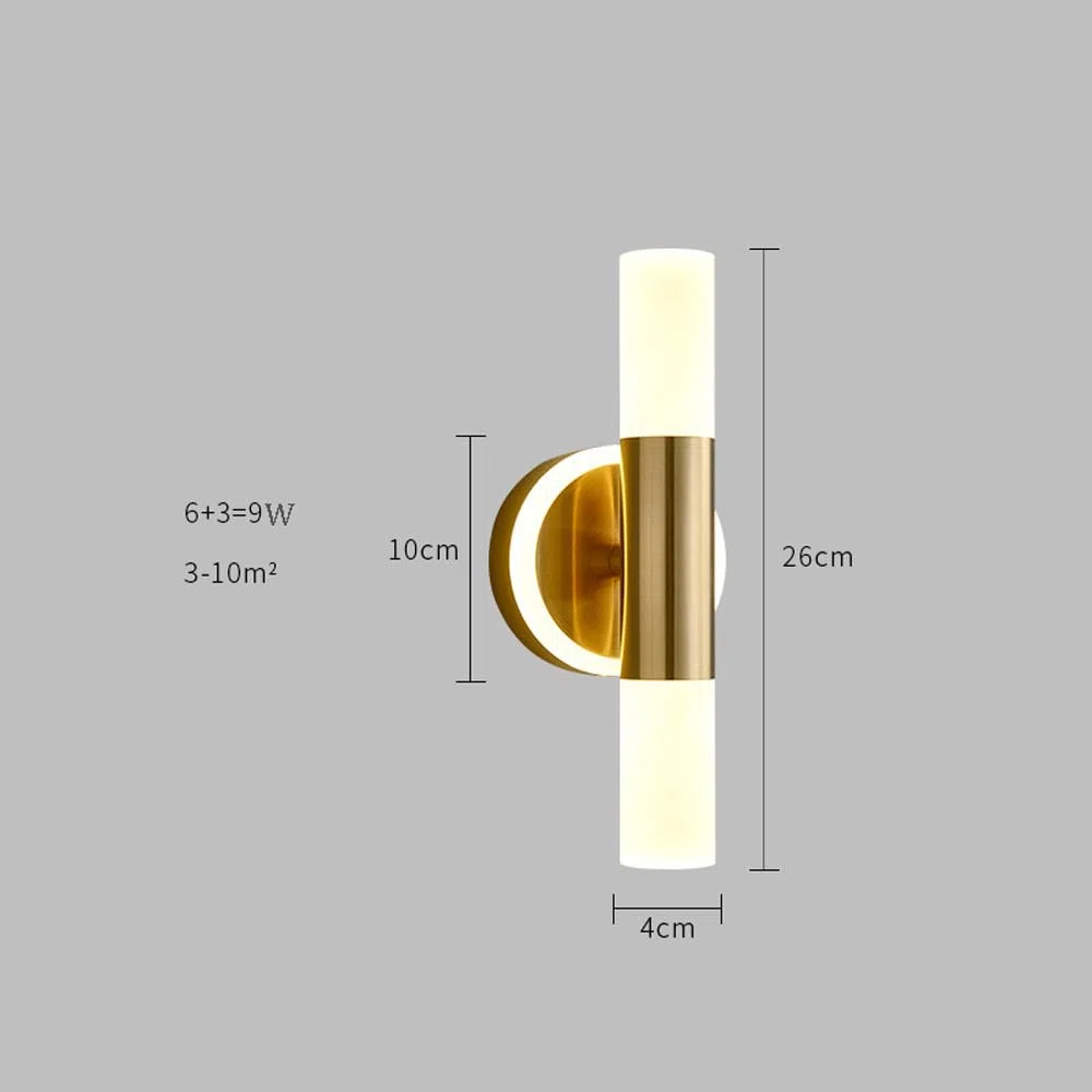 Decorazione domestica moderna Up Down Applique Illuminazione da parete Vanità del bagno LED Applique da parete Barra lunga 9W Cilindro acrilico dorato per interni Lampada da parete lineare per