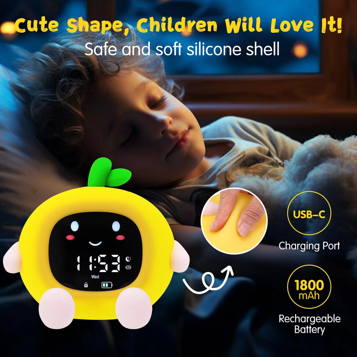 Sveglia Bambini Bambina Bambino Sveglie da Comodino Digitale LED Toddler Sleep Training Clock + Timer Trainer con Luce Notturna Ricaricabile Silicone Alarm Night Light Funzione Snooze Controllo Touch