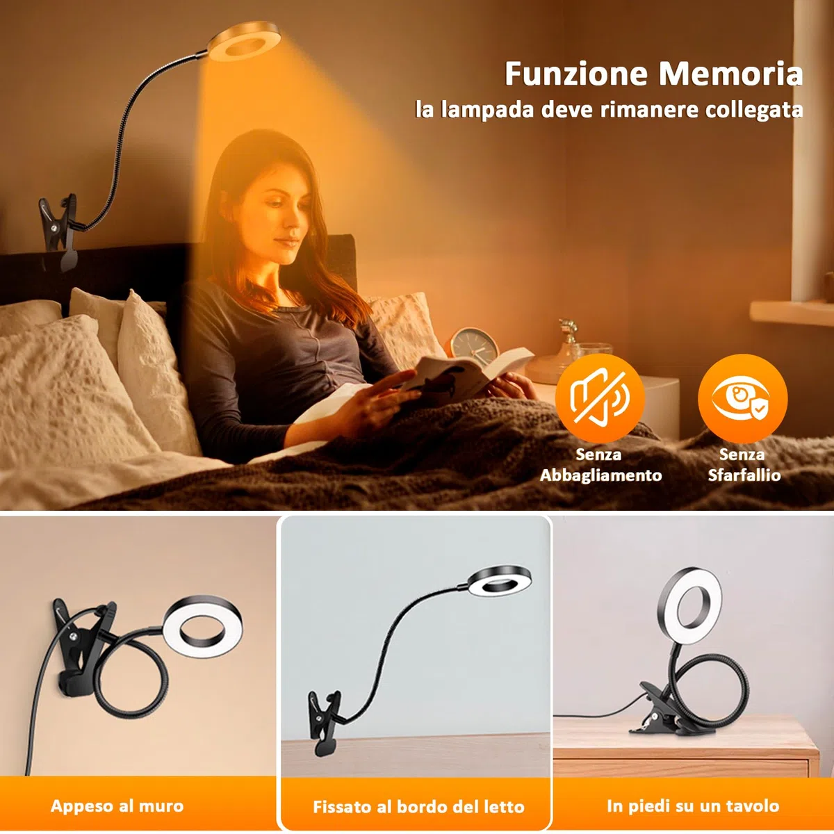 Akynite Lampada da Scrivania USB con Pinza e Timer, Adattatore incluso, 5 Colore 10 Intensità, Lampada Pinza Nera, 48 LED Lampada con Clip, Flessibile Lampada da Lettura Letto