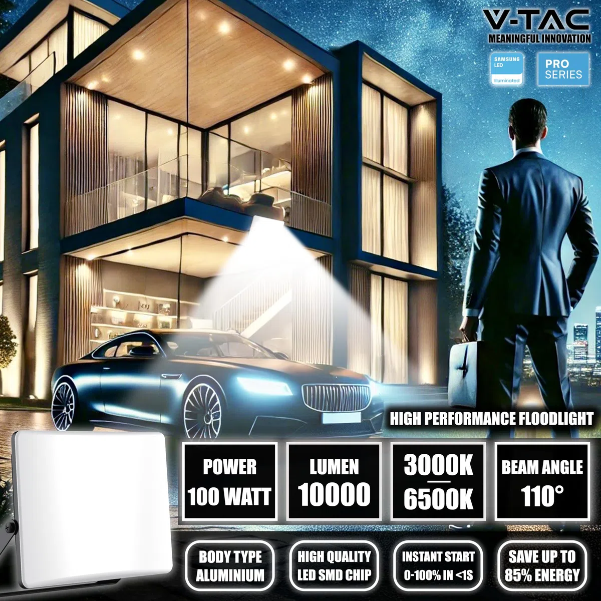 V-TAC Faro LED da Esterno 100W - [Chip Samsung + Tecnologia RLE + Innovativa Copertura in Policarbonato] - Alta Luminosità: 10000 Lumen - IP65 - Faretto LED Casa, Garage, Magazzino - Luce CCT 3 IN 1