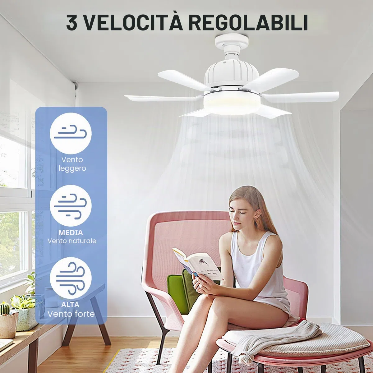 Ventilatore da soffitto con luce e telecomando - Ventilatore da soffitto silenzioso E27 da 46 cm con 3 livelli, lampada LED dimmerabile, 3 livelli di vento, timer 2/4 ore, per la stanza (bianca)