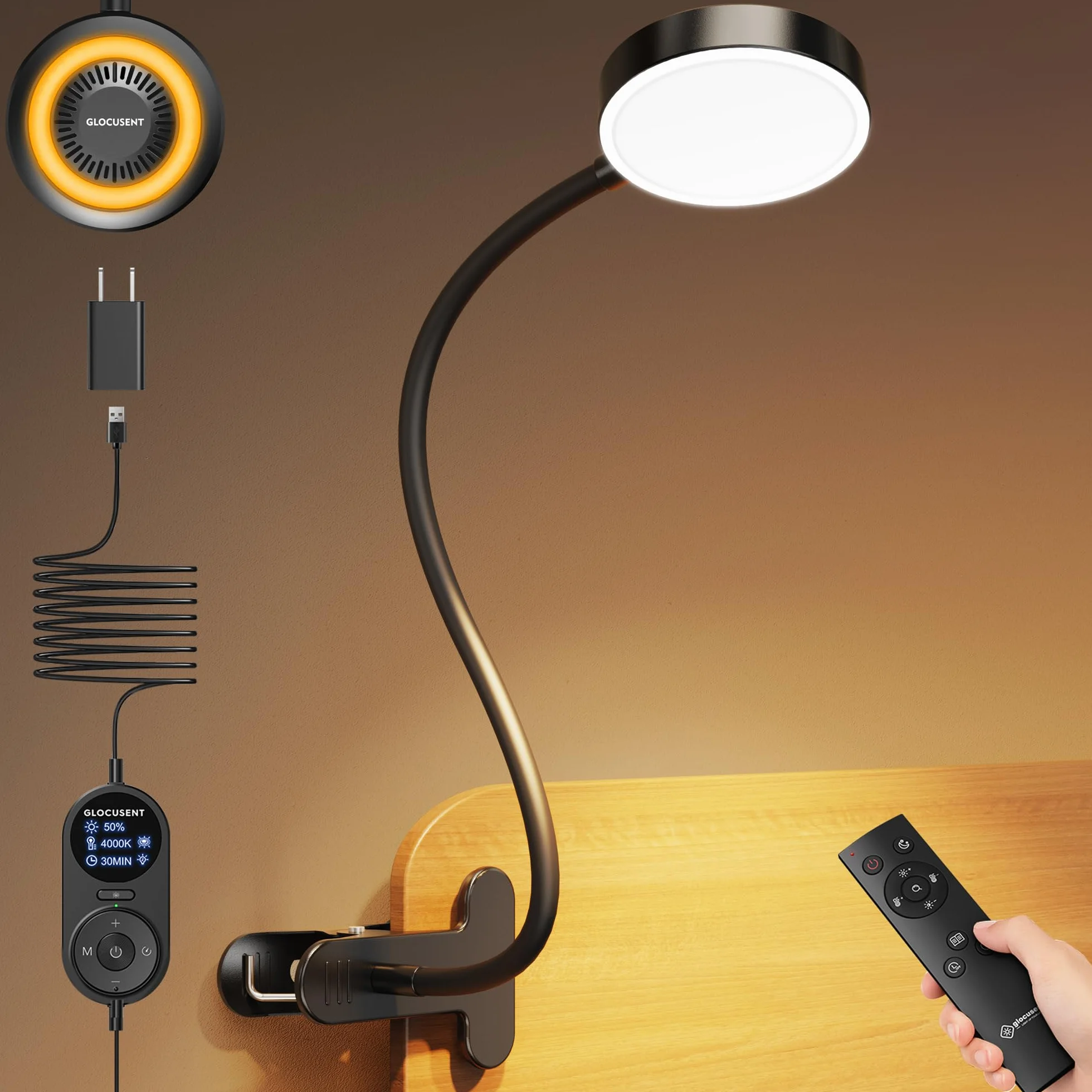 Glocusent Lampada da Lettura 72 LED, Luce da Lettura-3 Colore e 5 Luminosità, USB Lampada con Pinza con luce notturna ambra & timer 30/60 min (Nero con adattatore e telecomando)
