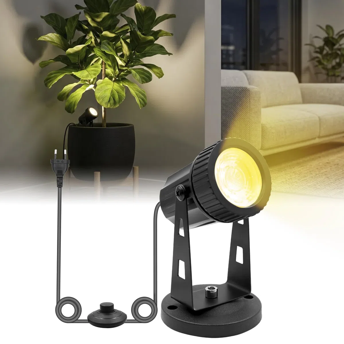 3W Faretto LED di Natale per interni Bianco caldo COB Luci Con picchetto a terra Faretto per piante con interruttore a pedale per interni, piante, luci decorative, spina di cavo da 1.8m