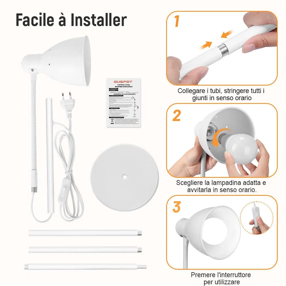 OUSFOT Lampada da Terra, 146cm Piantana Lampada da Terra E27 Max 40W(Nessuna Lampadina Inclusa) Semplice Regolabile Bianco,Adatto a Camere da Letto,Soggiorni e Uffici