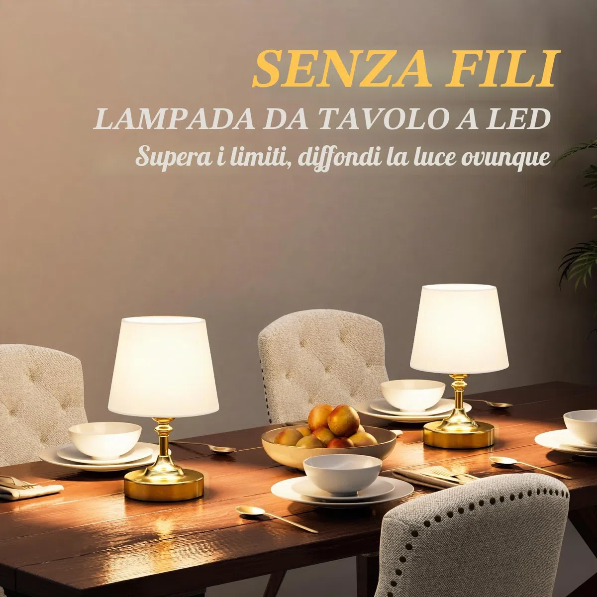 Piccolo Lampada da Tavolo LED Senza Fili, Batteria Ricaricabile, Dimmerabile, Paralume in Lino Bianco, Lampada da Comodino LED per Camera da letto, Sala da Pranzo, Soggiorno, Deco(Ottone)