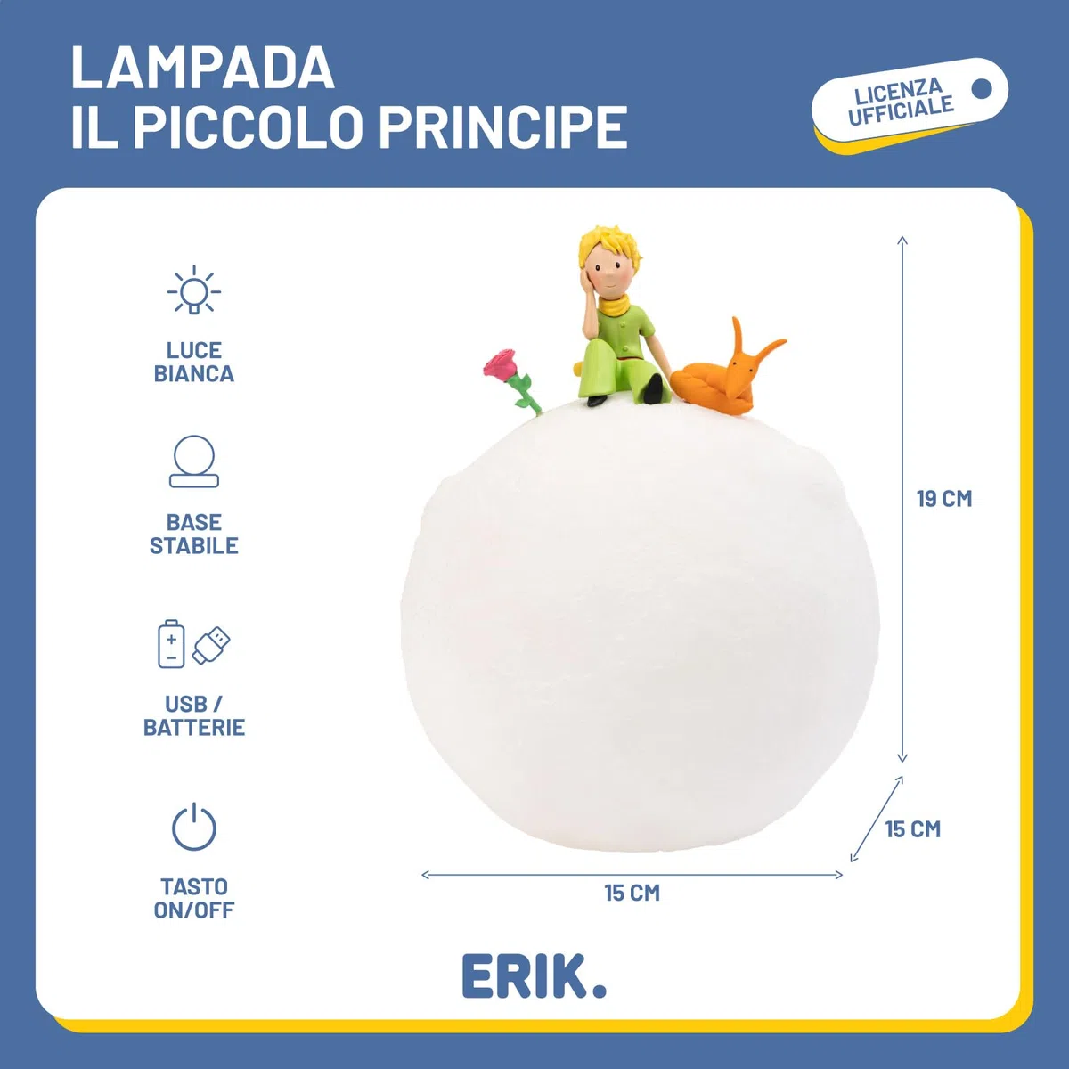 Grupo Erik Lampada Piccolo Principe - Lampada da Scrivania e Comodino con Luce LED, Luce Notturna Bambini Il Piccolo Principe Gadget | Cavo USB o Batterie (15 x 19 x 15 cm)