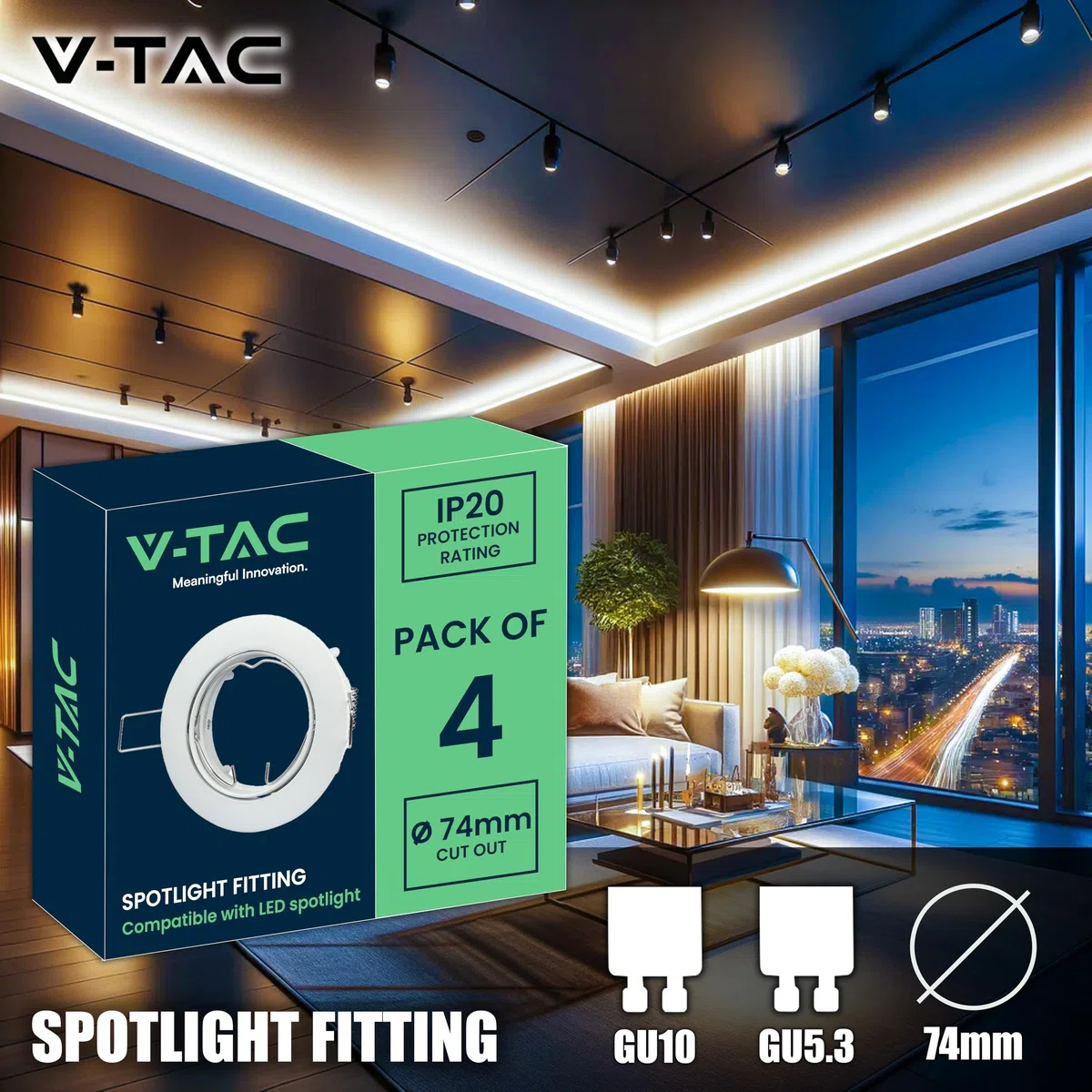 V-TAC 4x Portafaretto LED da Incasso Orientabile in Allumimnio per Faretto GU10-4 Pezzi - Sezione Incasso 74 mm - Cornice Rotonda da Lampadina per Cartongesso, Legno, Mensole, Casa - Ø82 x 25mm