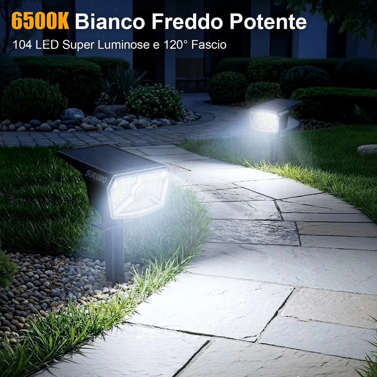 Faretti Solari a LED da Esterno con Sensore di Movimento, Lampade Luci Solari da Giardino Potenti 104LED 3Modalità, Faretto LED da Esterno Solare Giardino IP65 Impermeabile Luce Fredda, 2 Pezzi