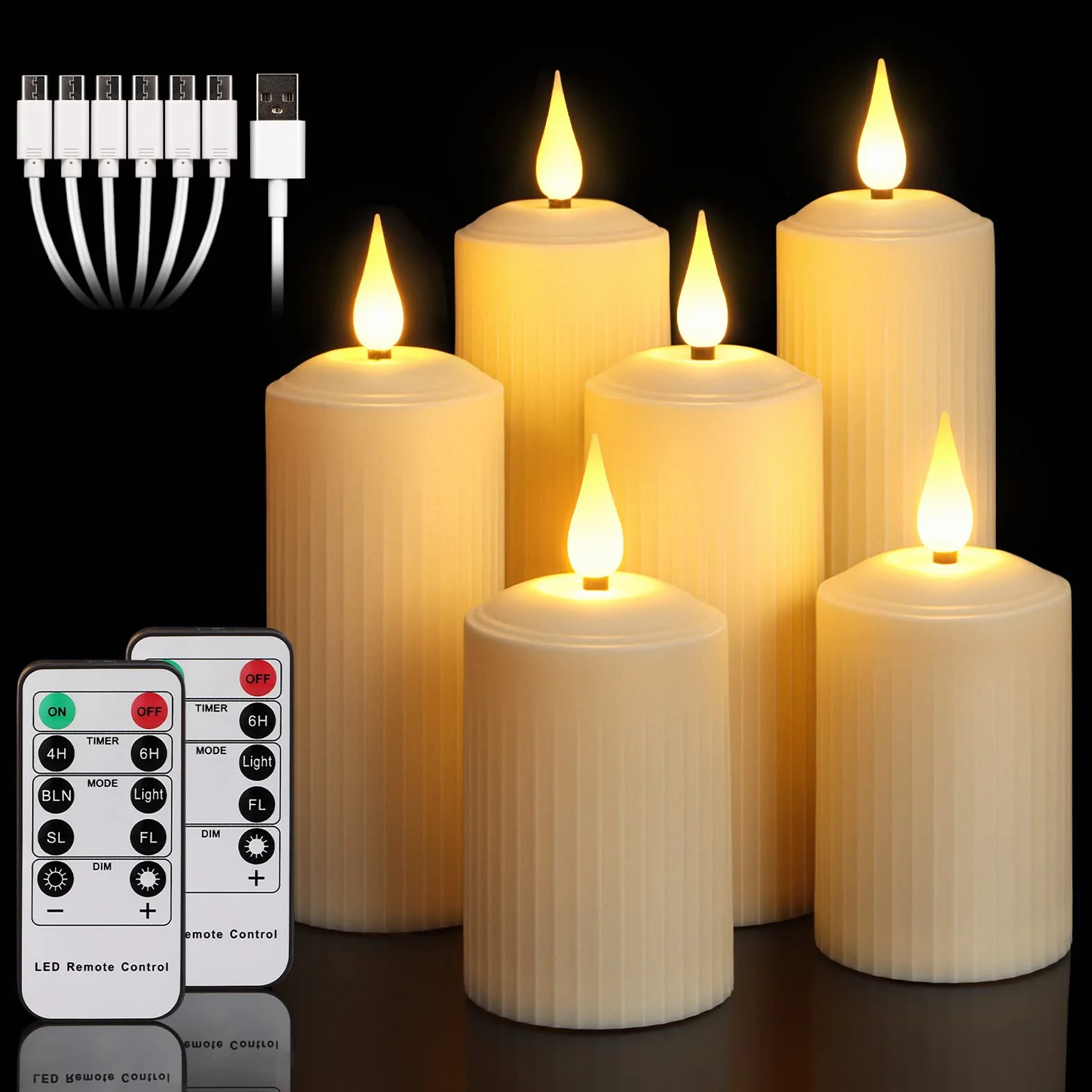 yunsheng Candele LED ricaricabili con telecomando a 10 pulsanti, candele impermeabili da esterno senza fiamma con timer 6/8H, set di 6 candele romane (5,1x10,5/14/16,5 cm), avorio, tipo-C