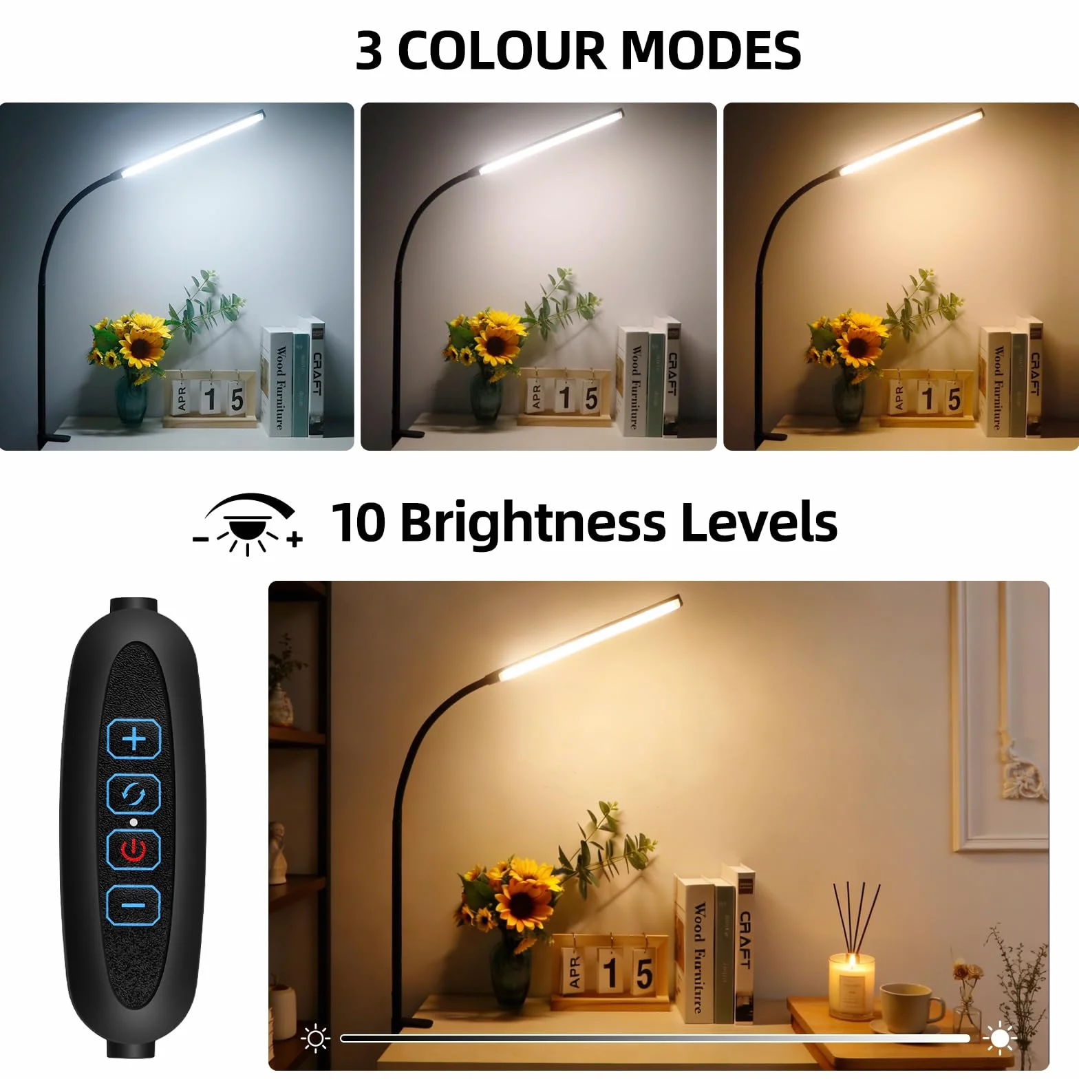 Akynite Lampada da Scrivania con Pinza e Cavo, Adattatore incluso, 3 Colore e 10 Intensità, Lampada da Lettura da Letto, Flessibile Lampada USB per PC, Luce Tavolo, Nera