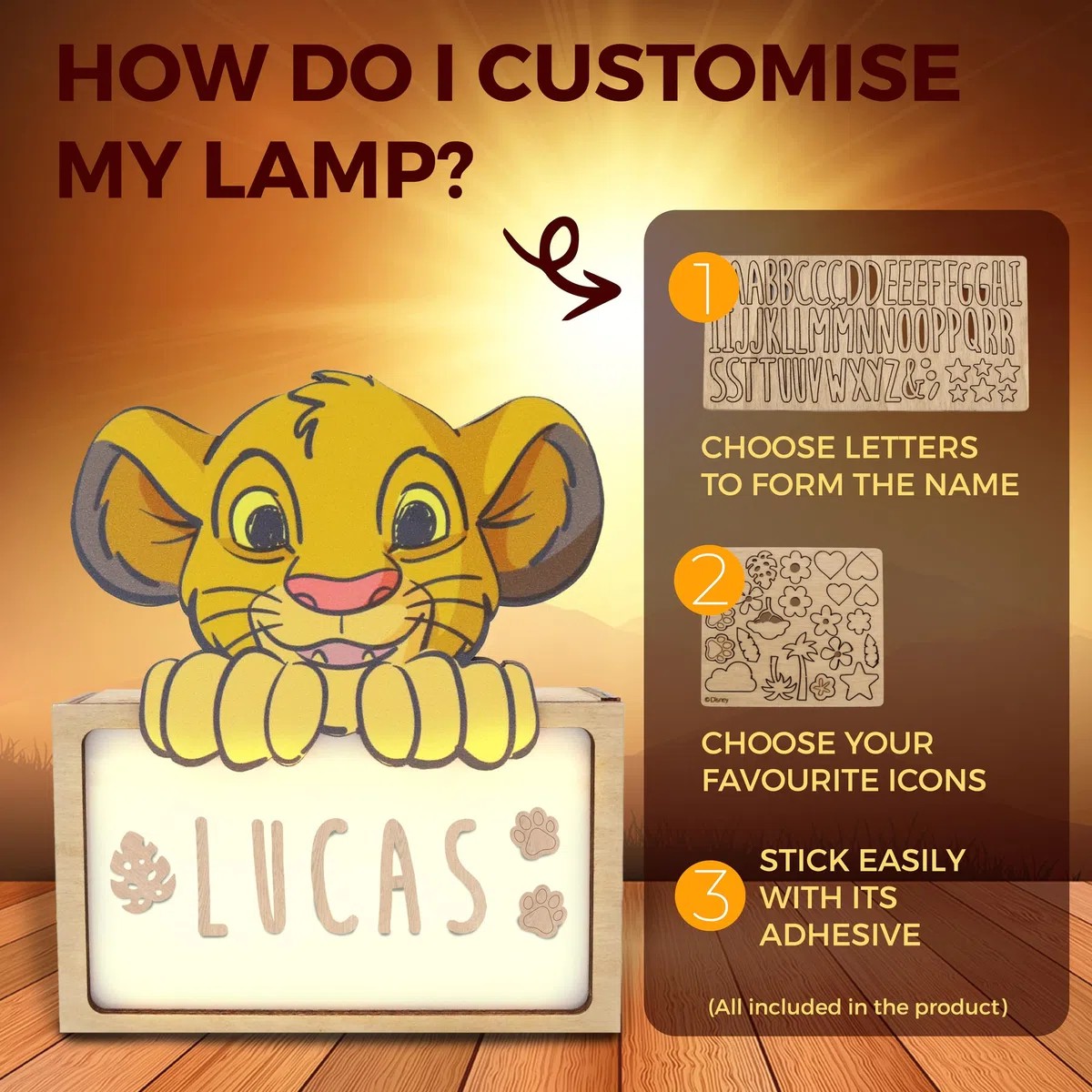 WONDEE Disney Lampada Re Leone Simba Bambini Personalizzata Con Nome e Disegni da Film - Luce Notturna Bambini Simba, Regalo Bambini e Neonato, Regalo Battesimo Bimbo e Bimba, Disney Regalo Re Leone