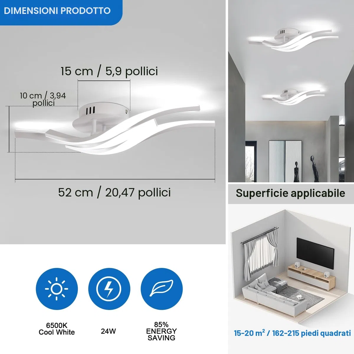 Plafoniera LED a soffitto, bianca, potenza di 24W, 2700LM. Design Moderno con 3 luci curve. Luce bianca 6500K, adatta ad ogni ambiente, come: corridoio, cucina o soggiorno. Lunghezza: 52 cm.