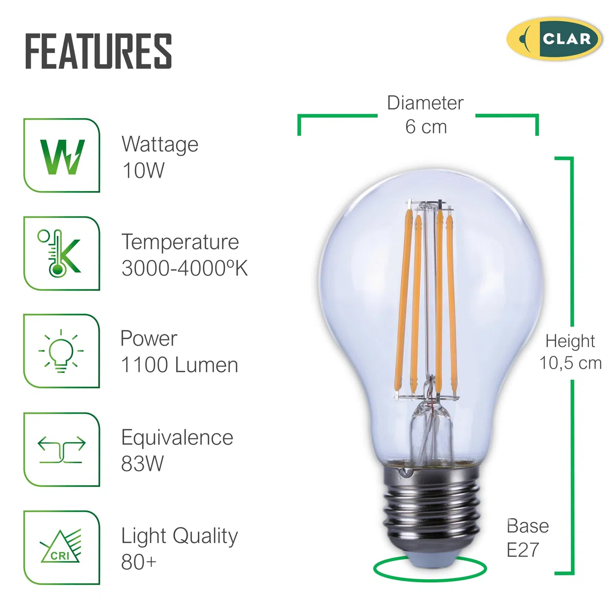 CLAR - Lampada Filamento LED E27, Lampadine Vintage, Lampadine LED E27 Luce Naturale, Lampadina Vintage LED, 10W 4000ºK (Pack 10)