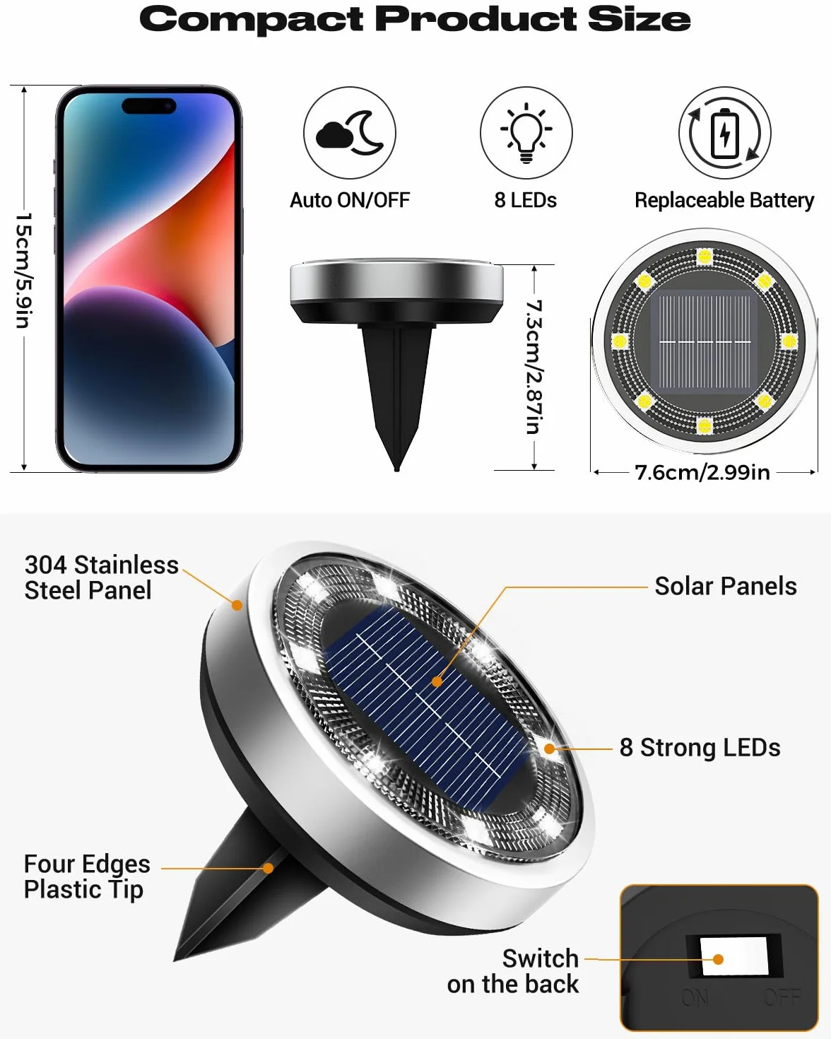 btfarm 8 Pezzi Luci Solari da Giardino, 8 LED Faretti Sepolta Solari a Led da Esterno, IP65 Impermeabile Lampade Faretto Solare da Terra per Prato Vialetto Cortile Strade Paesaggio, Bianco Caldo