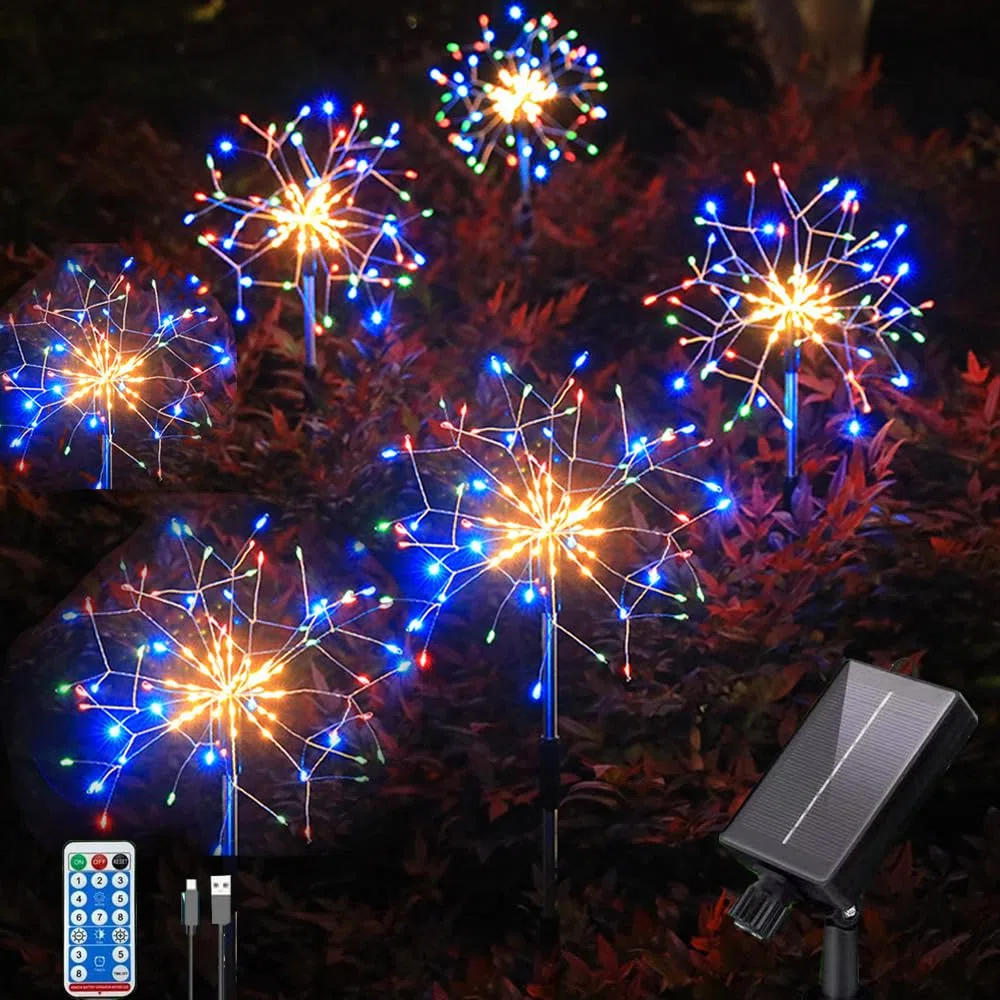 6 Pack 900 LED a terra solare esterna ha inserito luci colorate di fuochi d'artificio con telecontrol, Impermeabile Solar & USB Powered Courtyard Lights, 8 modalità DIY Light.