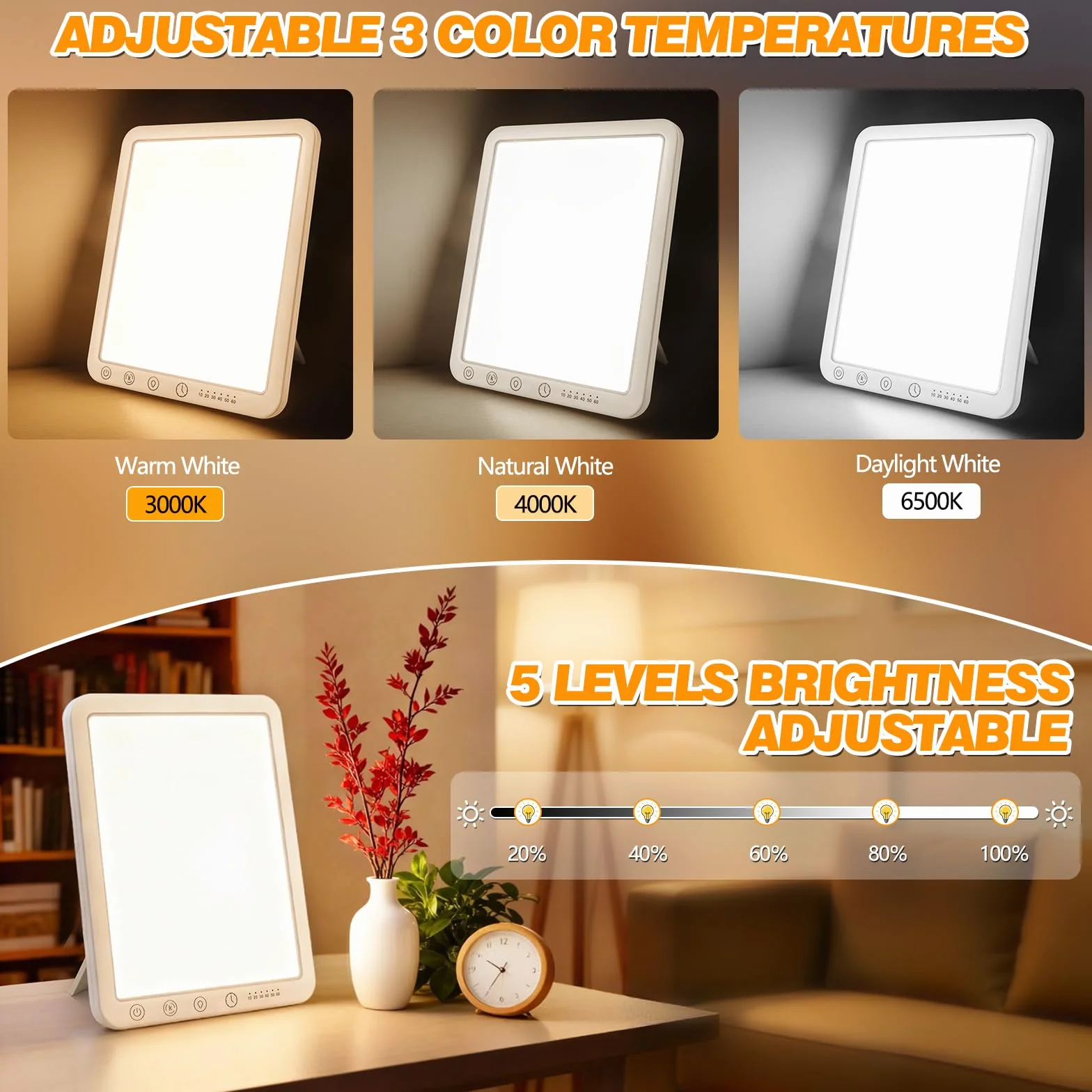 Caldarax Lampada per Terapia della Luce 15000 Lux, Lampada a Luce Diurna senza Sfarfallio/UV, 3 Temperature di Colore, 5 Livelli di Luminosità, 6 Timer, Controllo Touch, Funzione Memoria