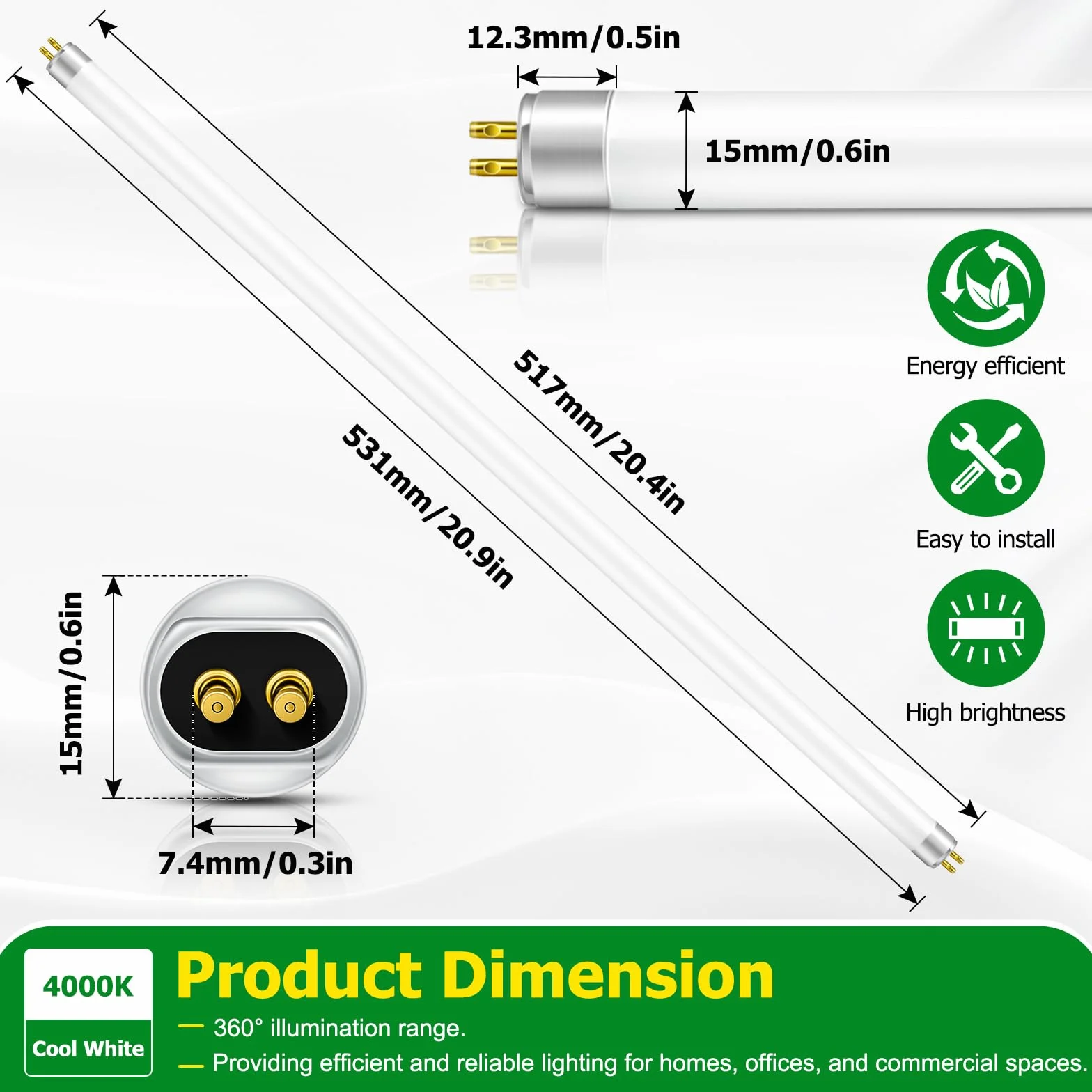 Ddlisu Tubi Fluorescenti T5 13W 517mm,T5 Tubo Luminoso a Risparmio Energetico, Lampadine CFL Bianco Freddo 4000K, Attacco G5 a 2 pin, per Luci di Emergenza e Luci a Striscia, 1 Pezzi