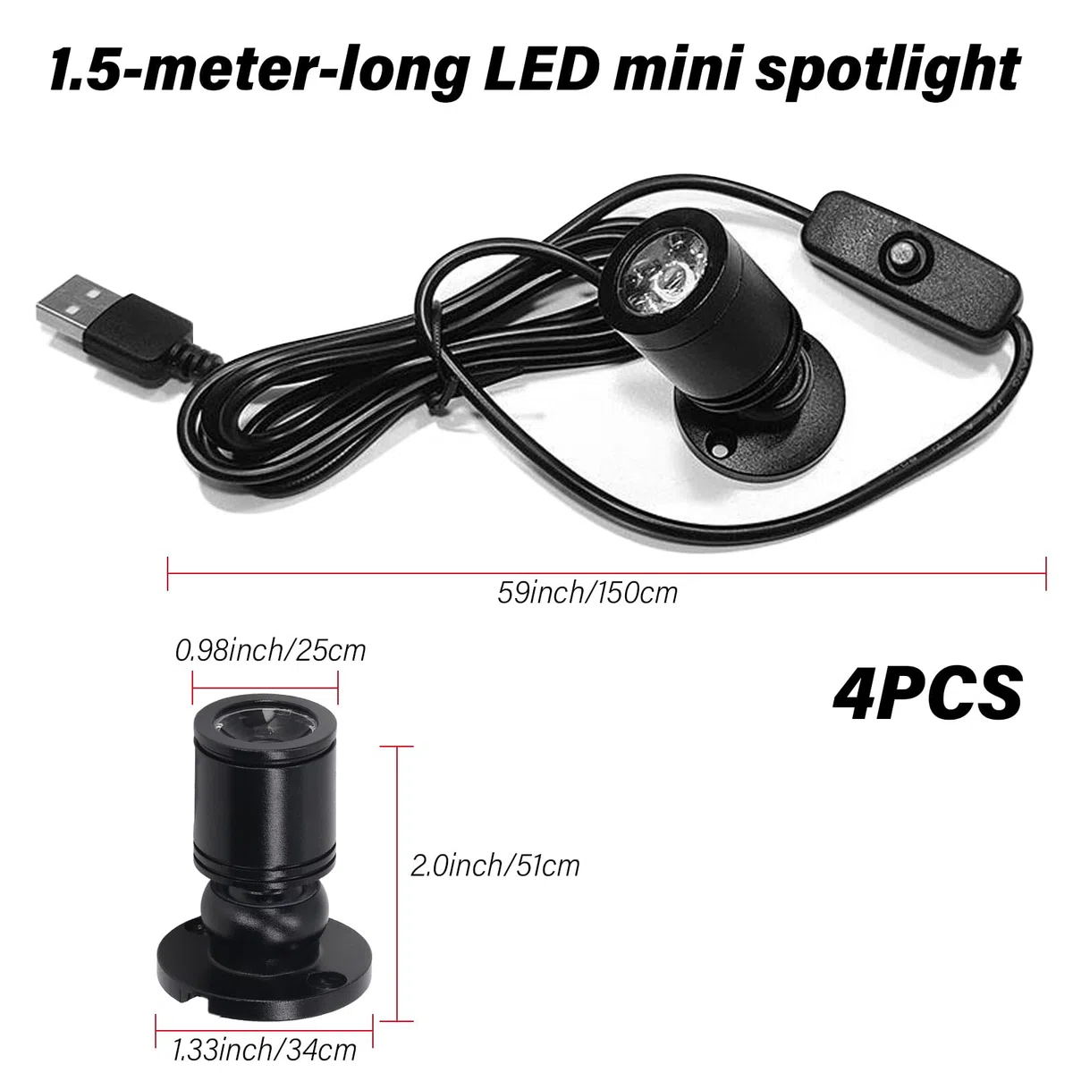 4 mini faretti LED USB 5 V dimmerabili, luce spot, mini faretti dimmerabili con interruttore, luci spot luminose, USB, per casa, gioielli, decorazione, pittura