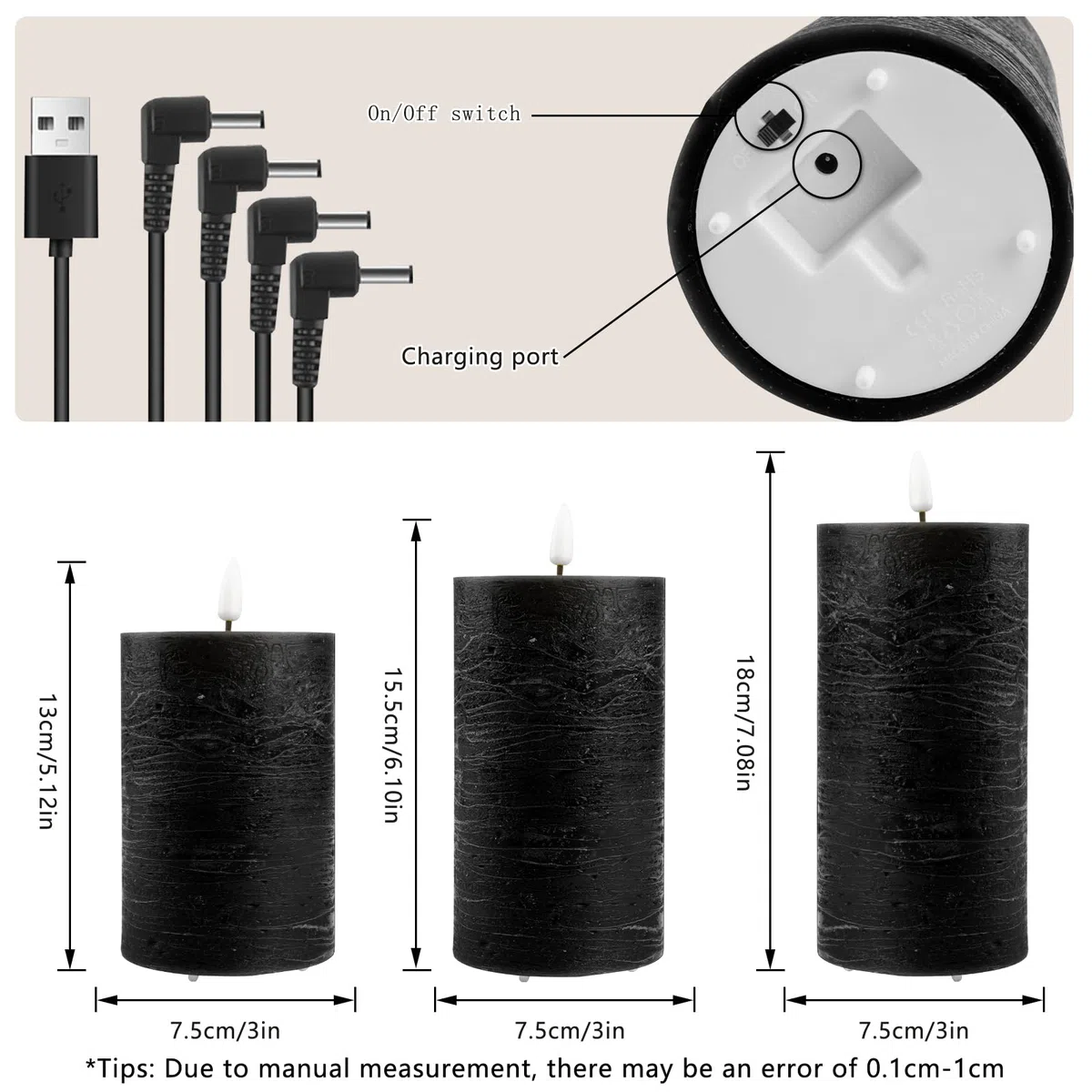 Candele LED Ricaricabili, [Set di 3] Candele a Colonna in Vera Cera, Senza Fiamma Candele LED con Cavo USB, con Telecomando a 10 Ttasti e Funzione Timer per Casa Festival Decorazioni - Nero