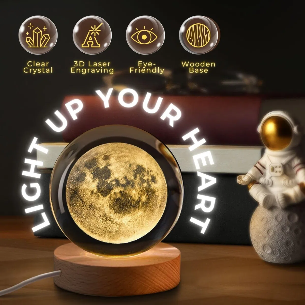 Flexzion Luce notturna 3D a forma di luna con sfera di cristallo, luce LED ologramma in vetro con base in legno massello, alimentata tramite USB, con luminosità regolabile, per decorazione domestica