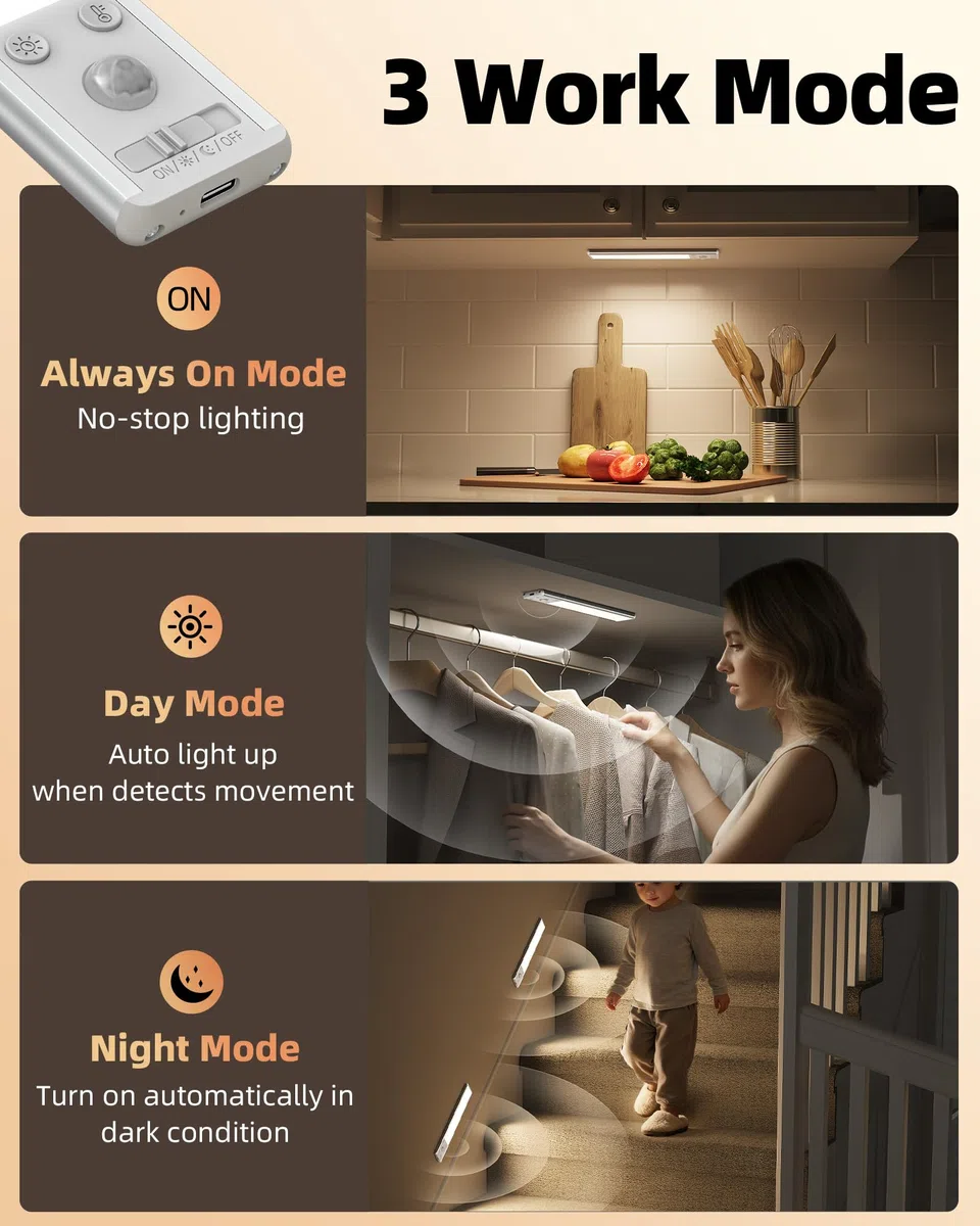 EZVALO Luce Armadio,Barra LED Sottopensile,20cm (2 Pezzi) 62 LED, 1600mAh,3 Temperature Regolabili,Dimmerabile Con Sensore Di Movimento 3 Modalità, Senza Fili Per Guardaroba、Cucina、Corridoio