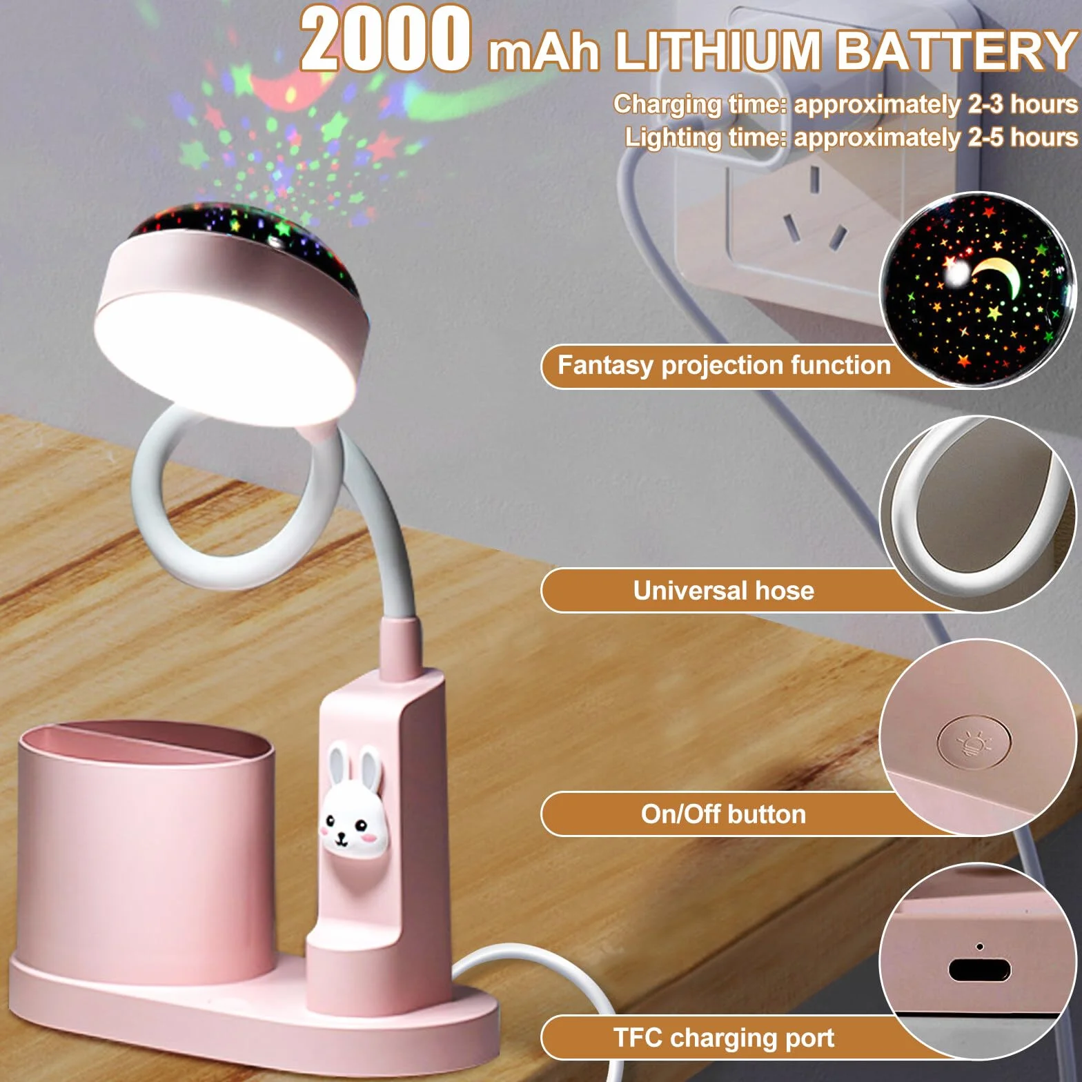 Aicharynic Lampada da Scrivania per Bambini: Lampada da Notte LED con Port penna, Lampada da Tavolo Dimmerabile con Proiezione di Stelle, Regolabile a 360°, per Cameretta (Rosa)