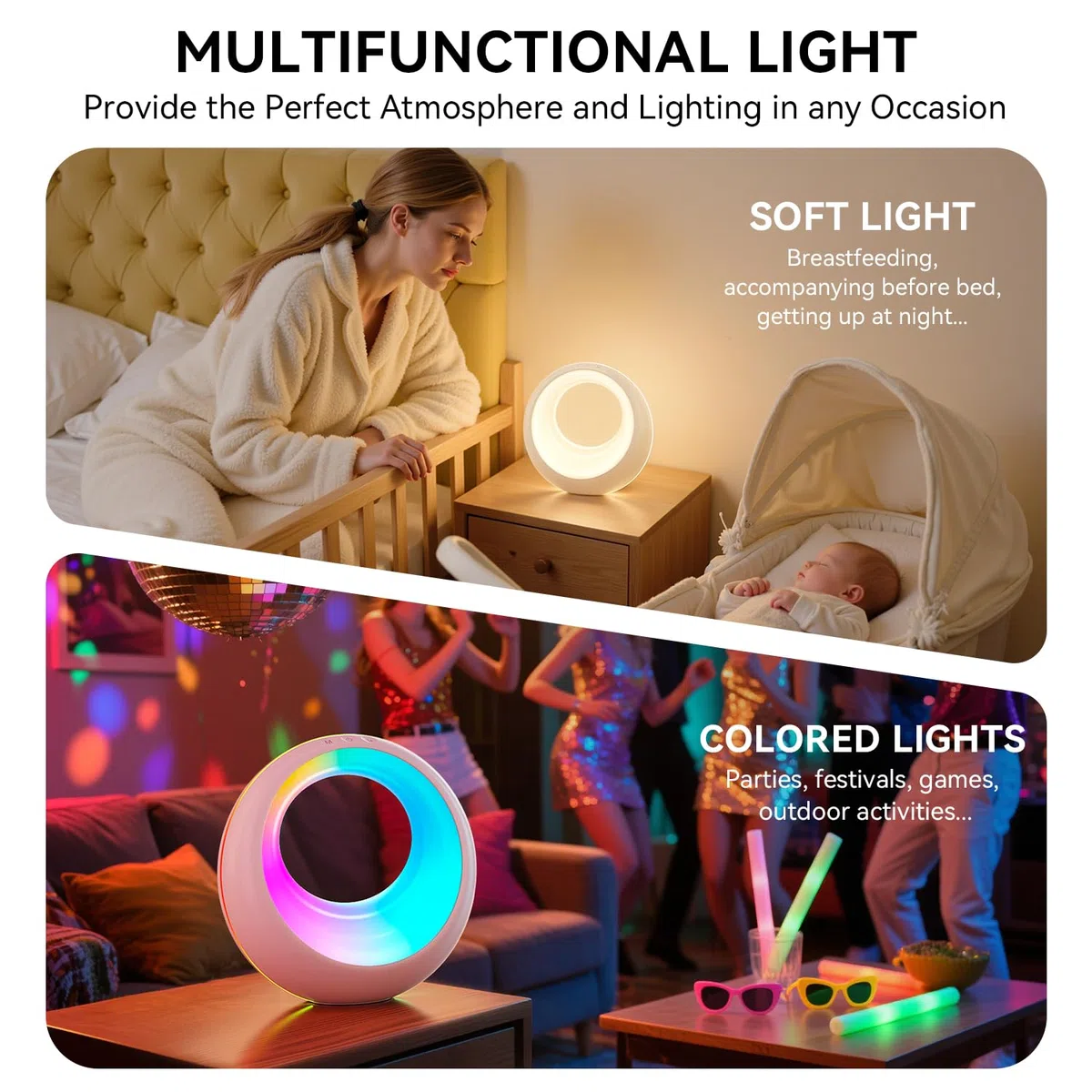 Auxmir Luce Notturna Bambini, Lampada da Comodino Touch, Abat Jour da Comodino Telecomando, Funzione Timer, Ricaricabile 2000mAh, 7 Colori RGB, 9 Modalità, Dimmerabile, per Camera da Letto, Soggiorno