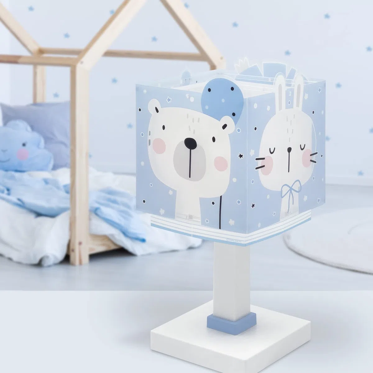 Dalber Lampada da tavolo o comodino per bambini Baby Jungle blu Giungla Orso Leone Tigre Coniglio