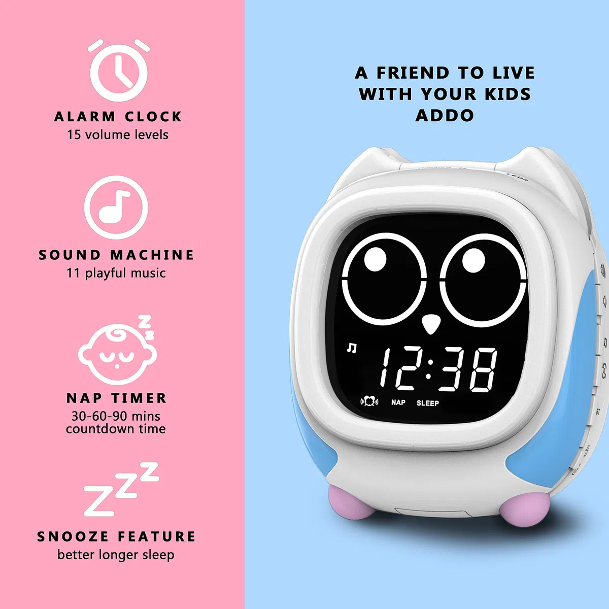 iTOMA Addo Sveglia per Bambini, Lampada da Comodino con Simulazione Alba/Tramonto, Grow Trainer Orologio per Bambini e Lettore Musicale Bluetooth, Rumori Bianchi per Dormire Sveglia Gufo CKS912