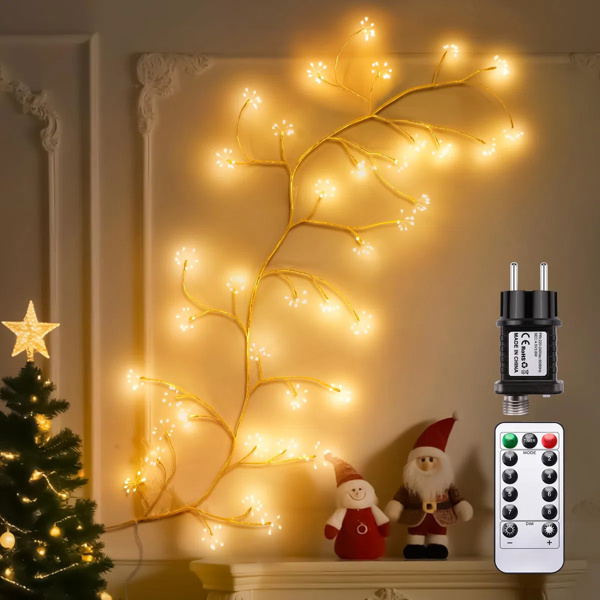Ghirlanda Luminosa Luci a Fuochi d’Artificio, 8 Modalità Luci Albero con Telecomando e Timer, 288 LED Rami Albero Fai-da-te con Spina, Decorazione da Parete Interna per Camera da Letto e Natale