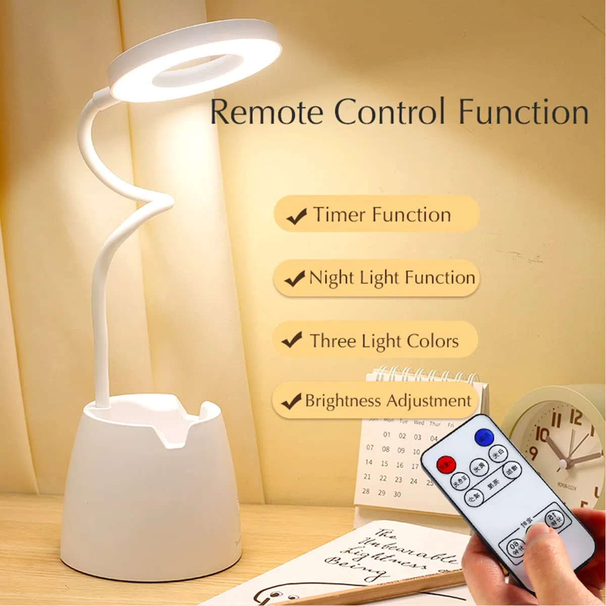 Lampada da Scrivania con Controllo Remoto e Temporizzazione, Luce da Scrivania Senza Fili Ricaricabile di Grande Capacità da 4000 mAh, Dimmerabile Lampada da Tavolo con Portapenne e Portatelefono