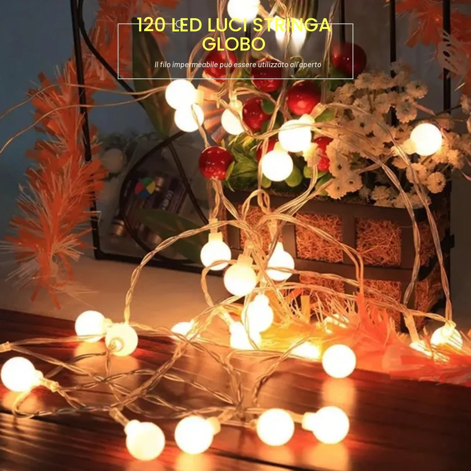 Ghirlanda luminosa a sfera, 15 m, 120 LED, ghirlanda luminosa da esterno/interno, con spina, 8 modalità con telecomando, per camera da letto, interno, giardino, Natale e matrimonio (bianco caldo)